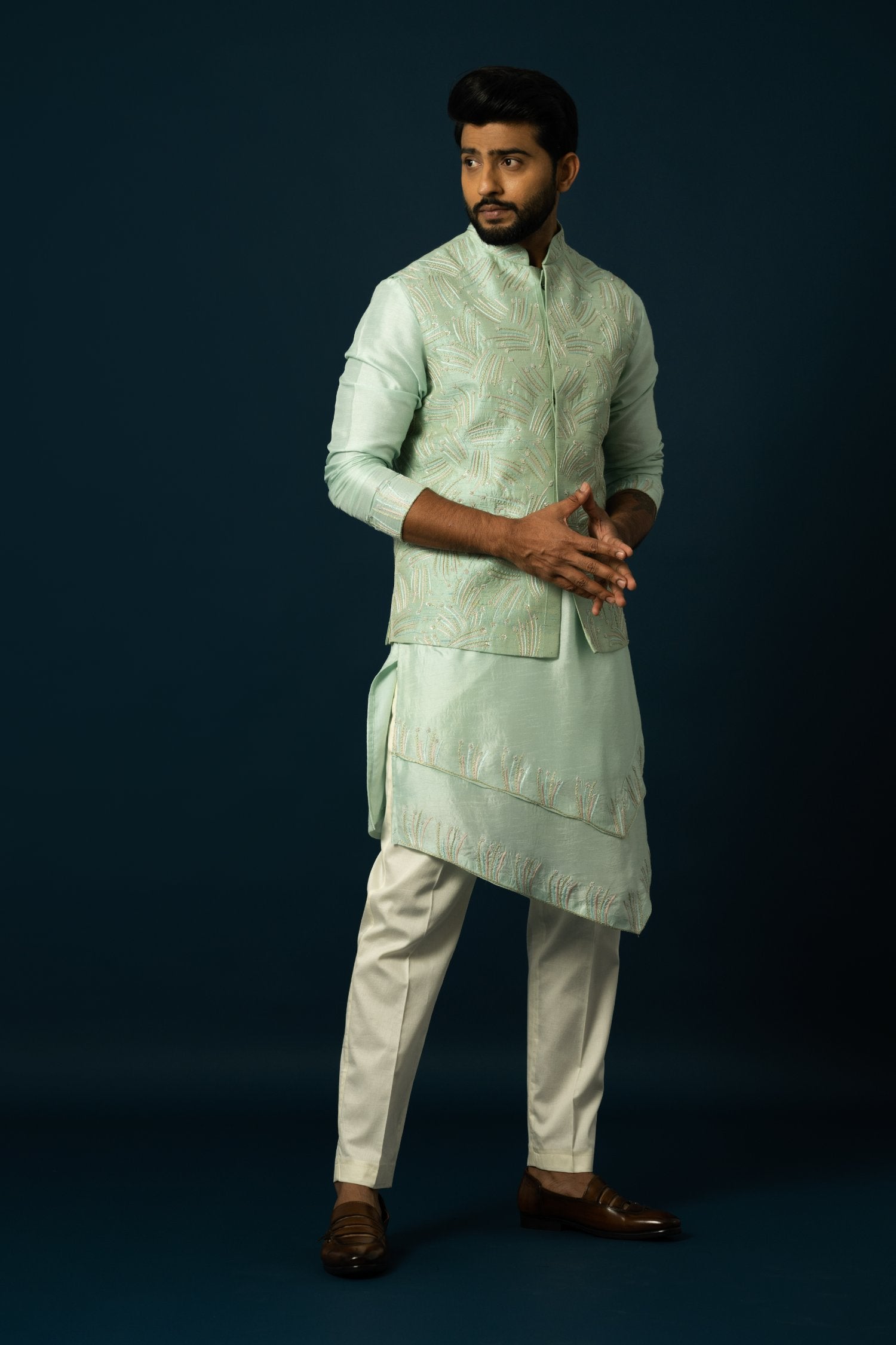 Seafoam Firework Double-Layered Kurta & Nehru Set