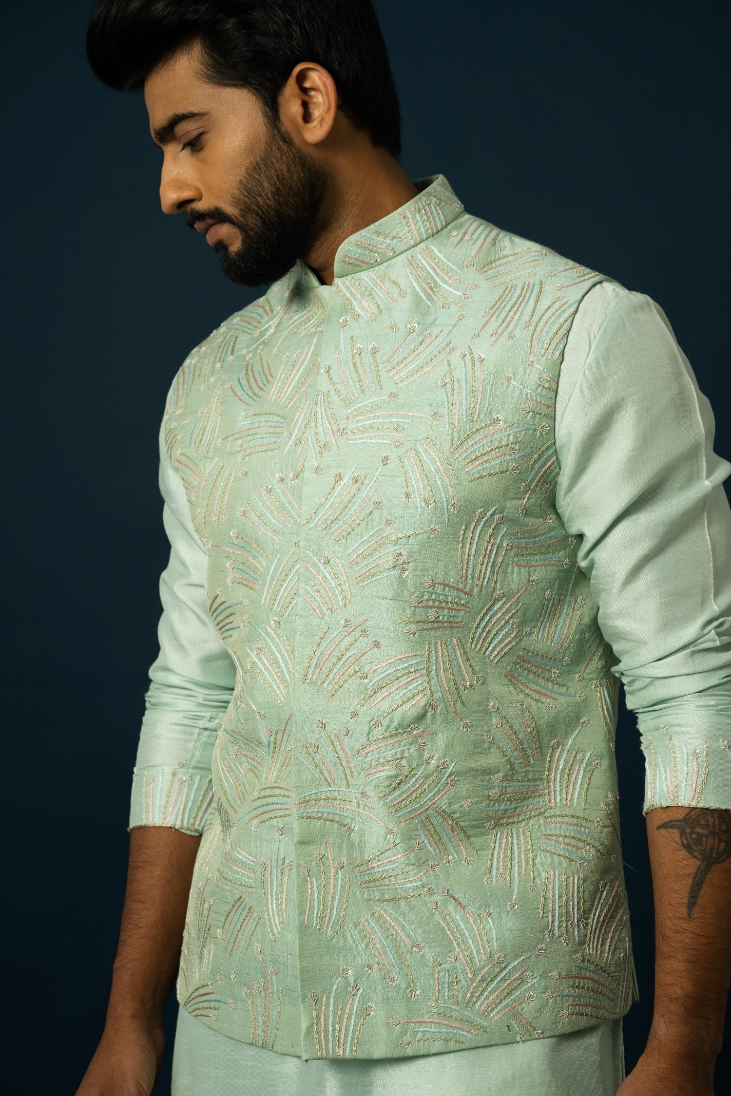 Seafoam Firework Double-Layered Kurta & Nehru Set