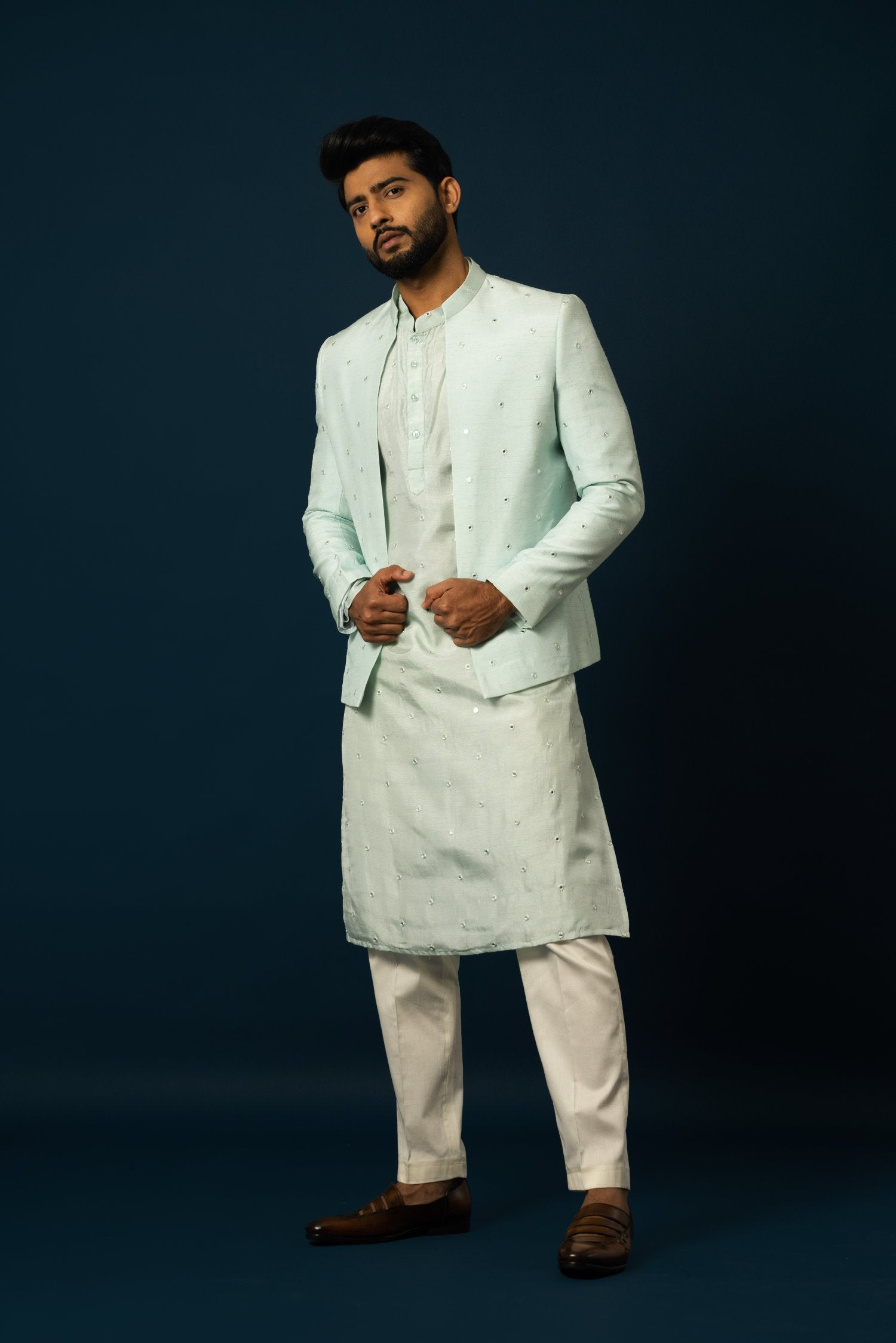 Paled Turquoise Awla Work Kurta & Jacket Set