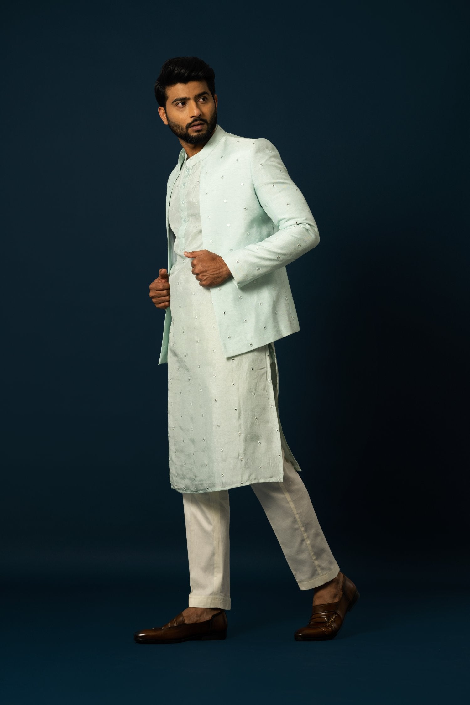 Paled Turquoise Awla Work Kurta & Jacket Set