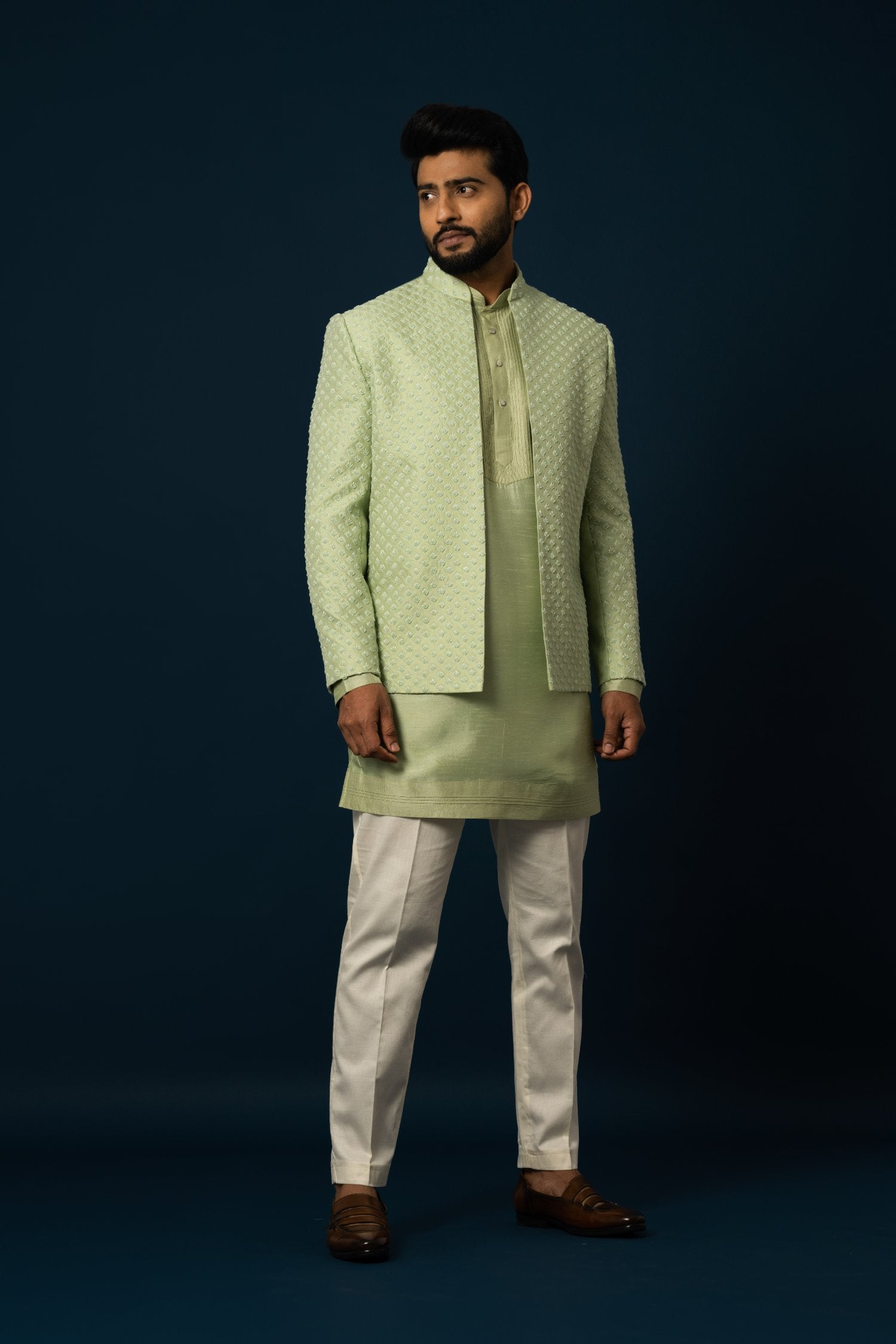 Spring Green Pintuck Kurta Jacket Set