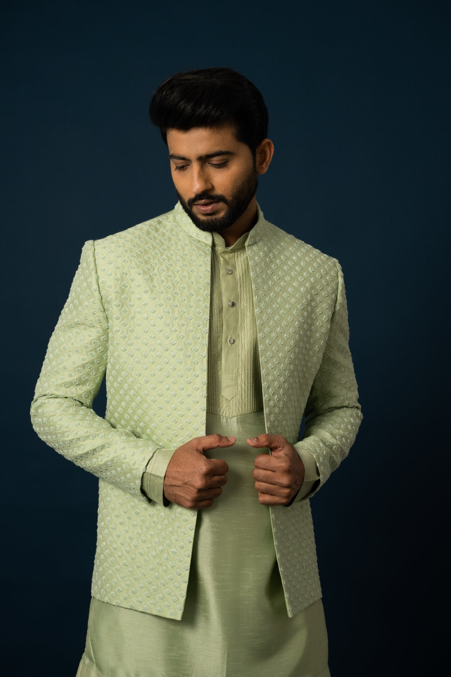 Spring Green Pintuck Kurta Jacket Set