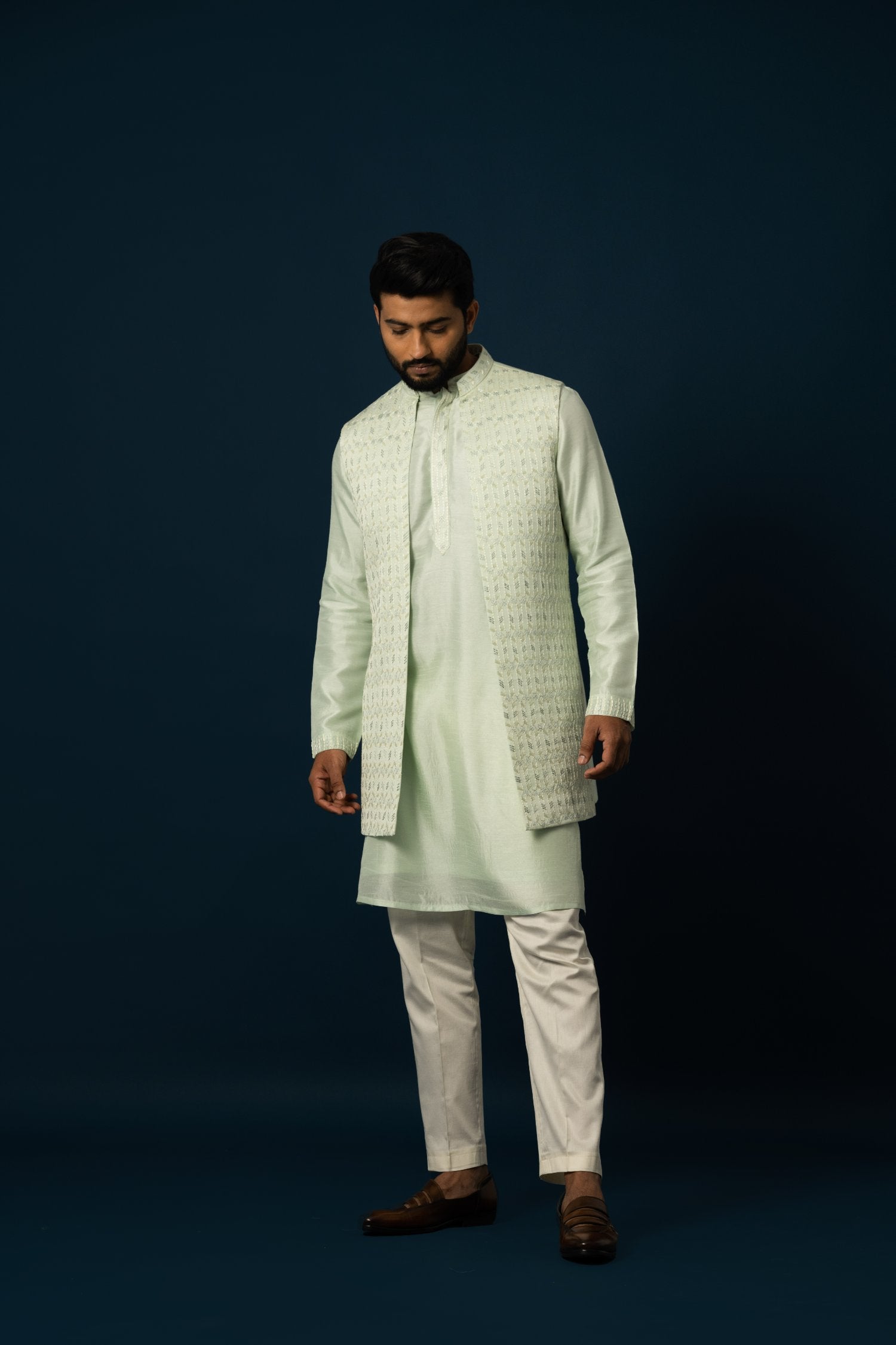 Powdery Green Stitchlines Kurta Nehru Set