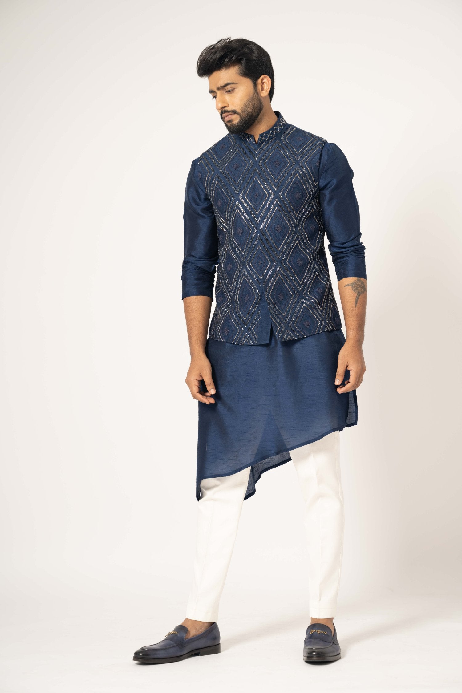 Indigo Asymmetric Kurta & Nehru Set