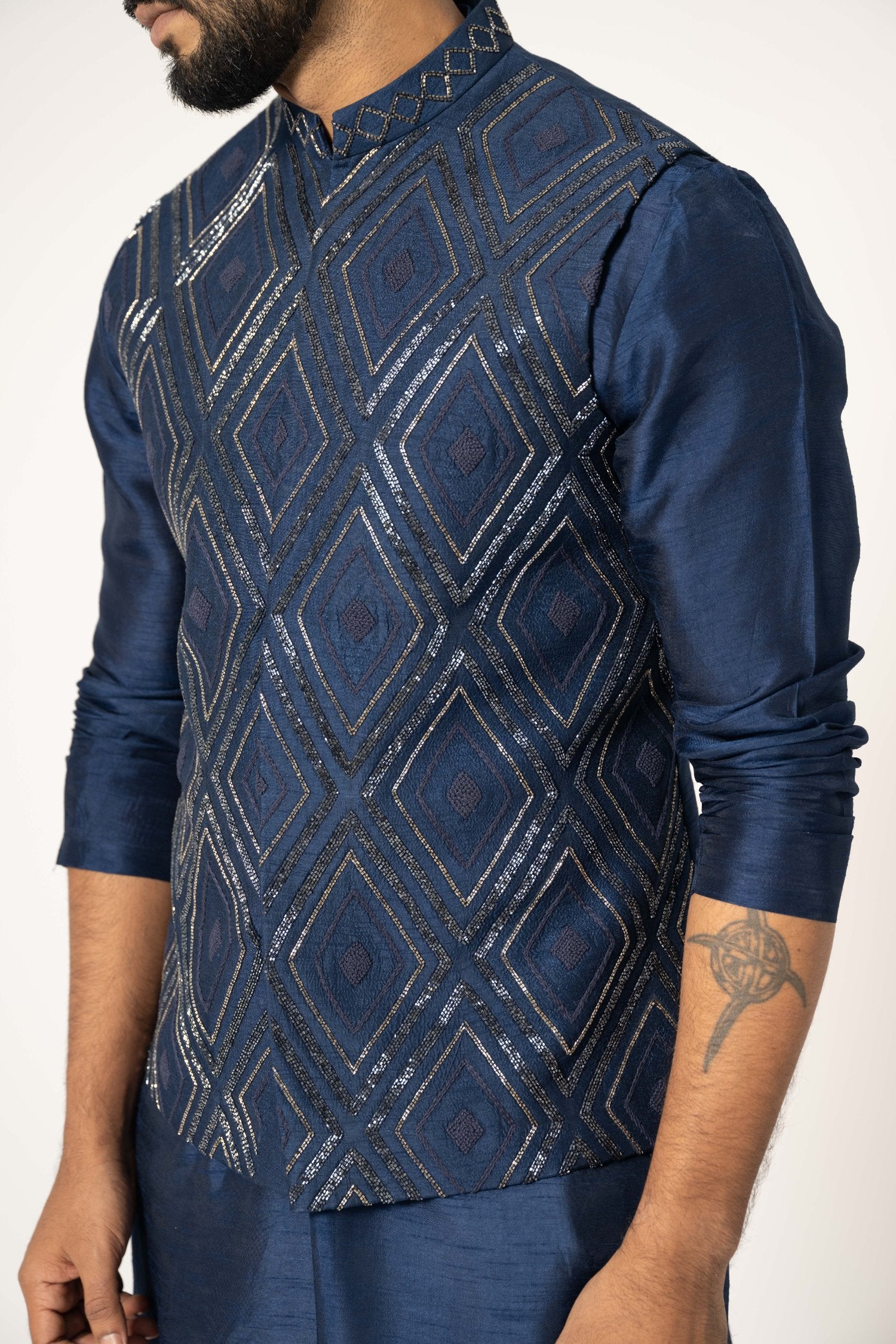 Indigo Asymmetric Kurta & Nehru Set