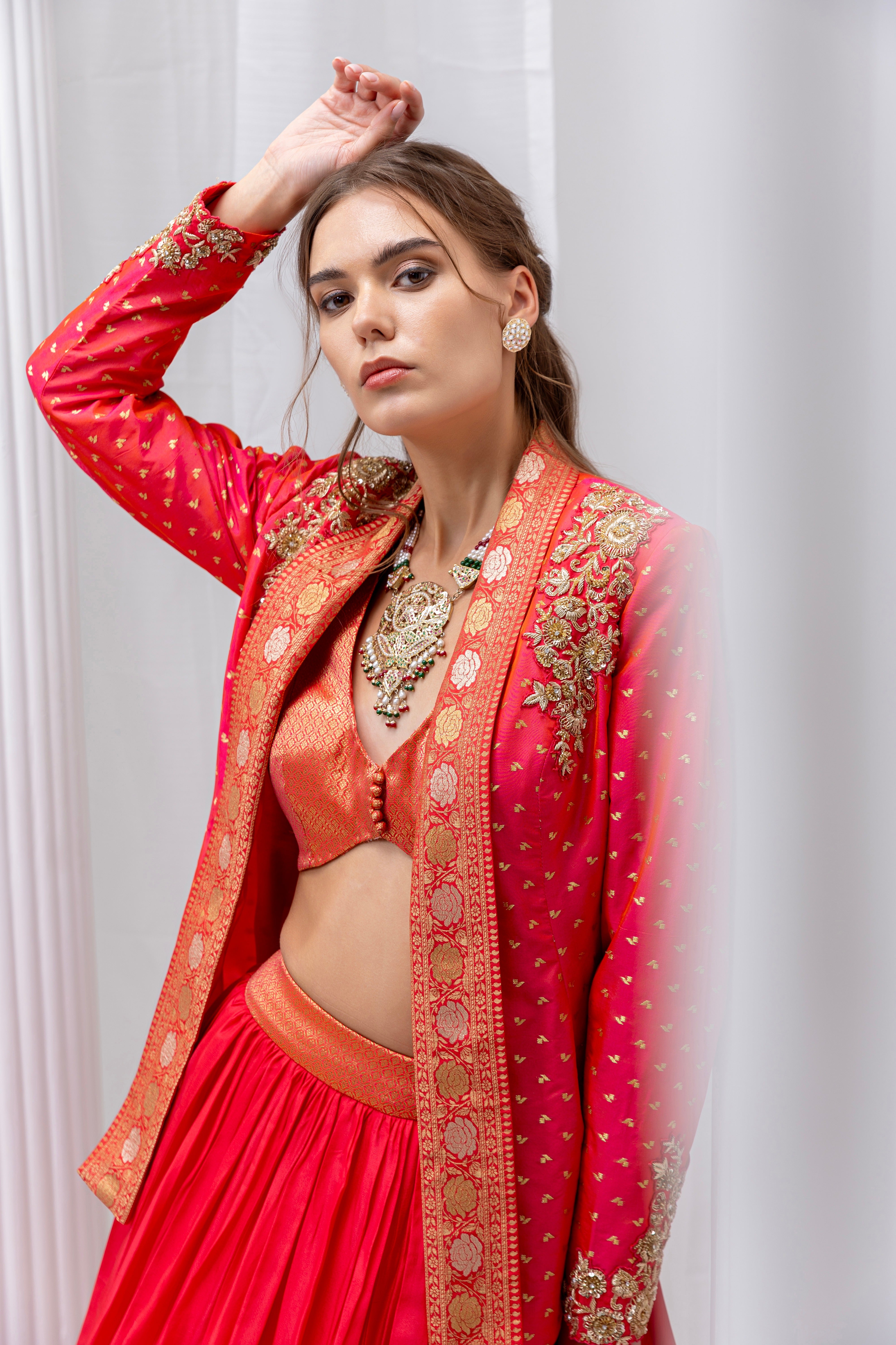 Coral Embroidered Banarsi Lehanga Set