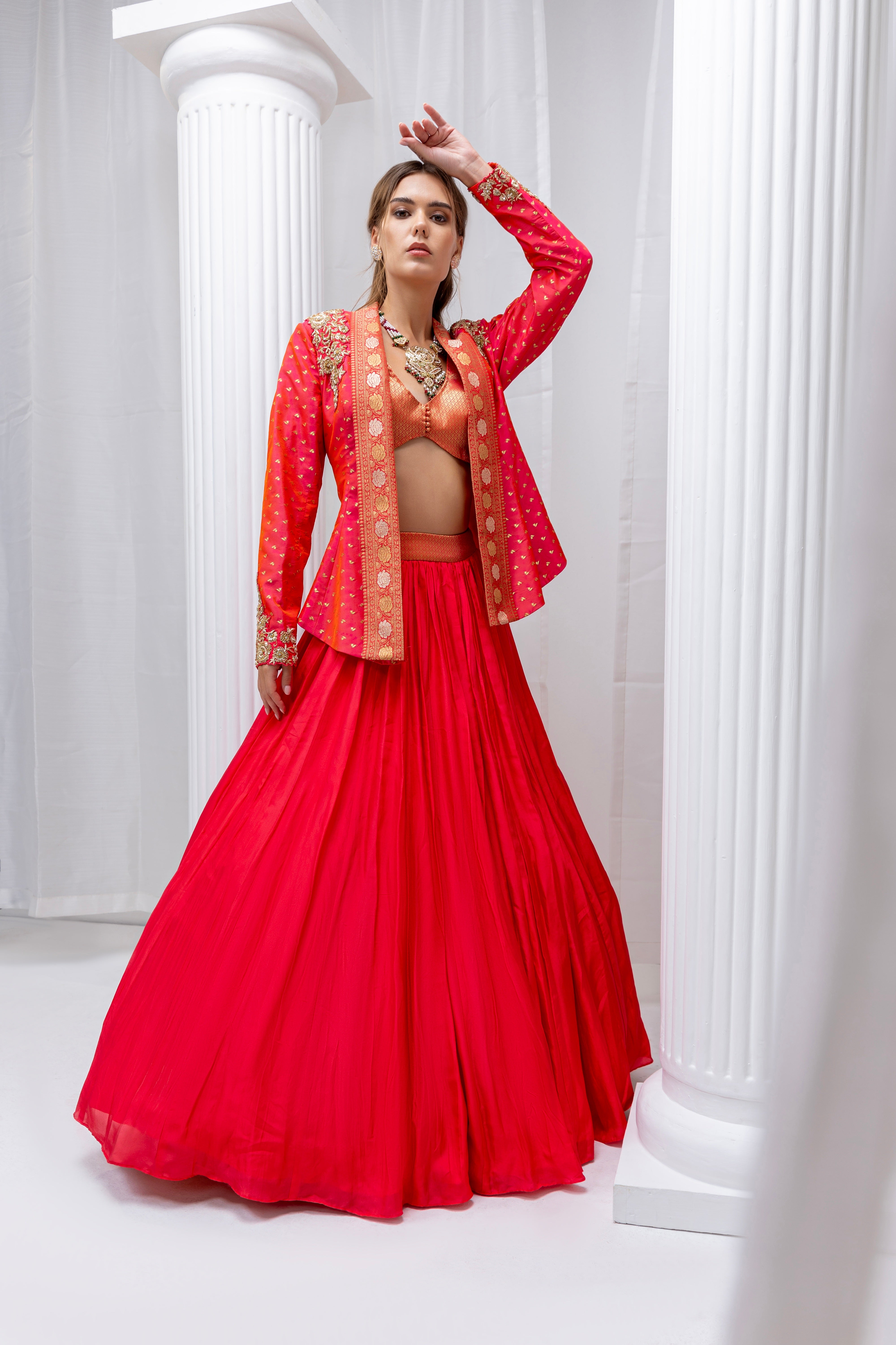 Coral Embroidered Banarsi Lehanga Set