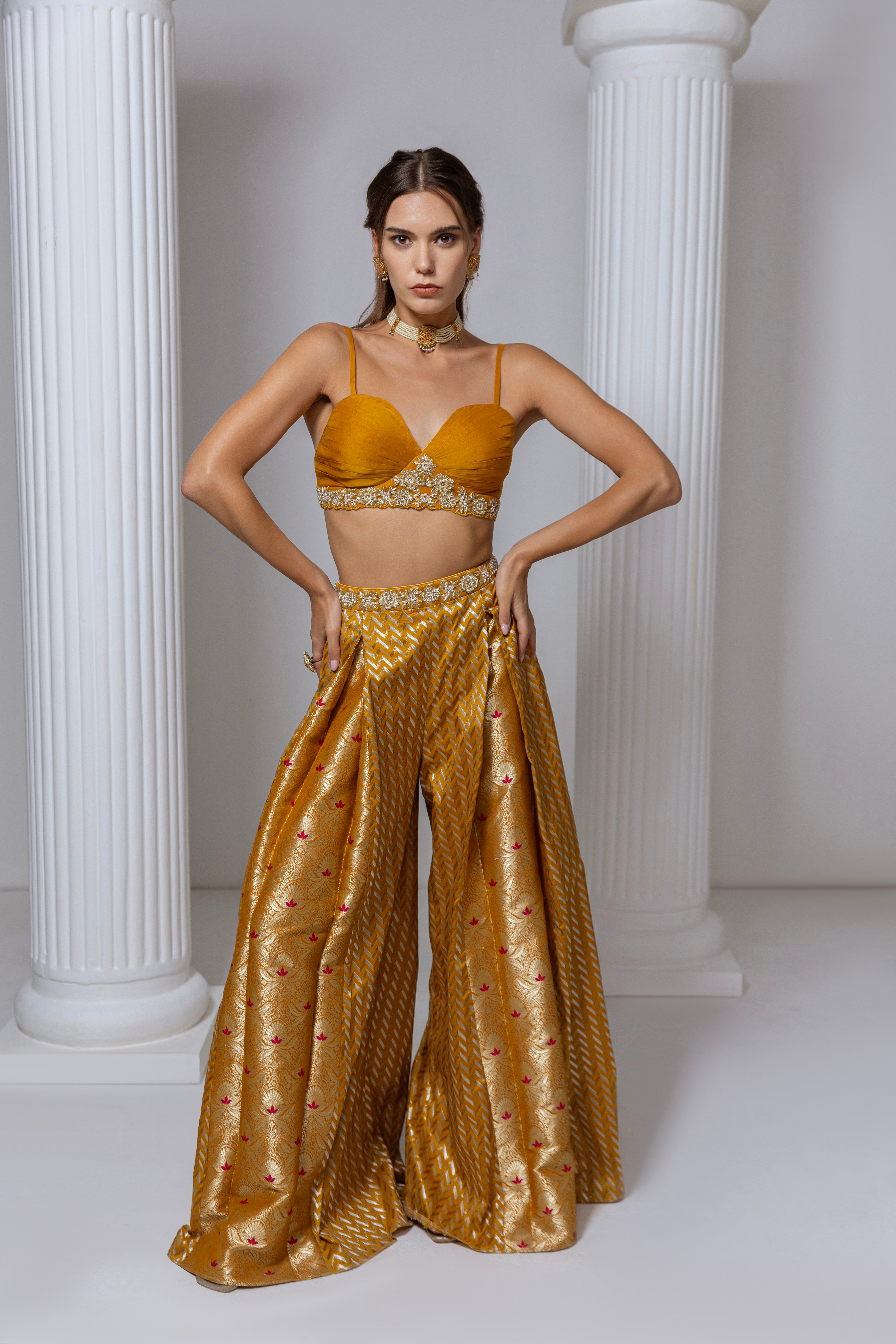 Mustard Booti Organza 
 Embroidered Sharara Set