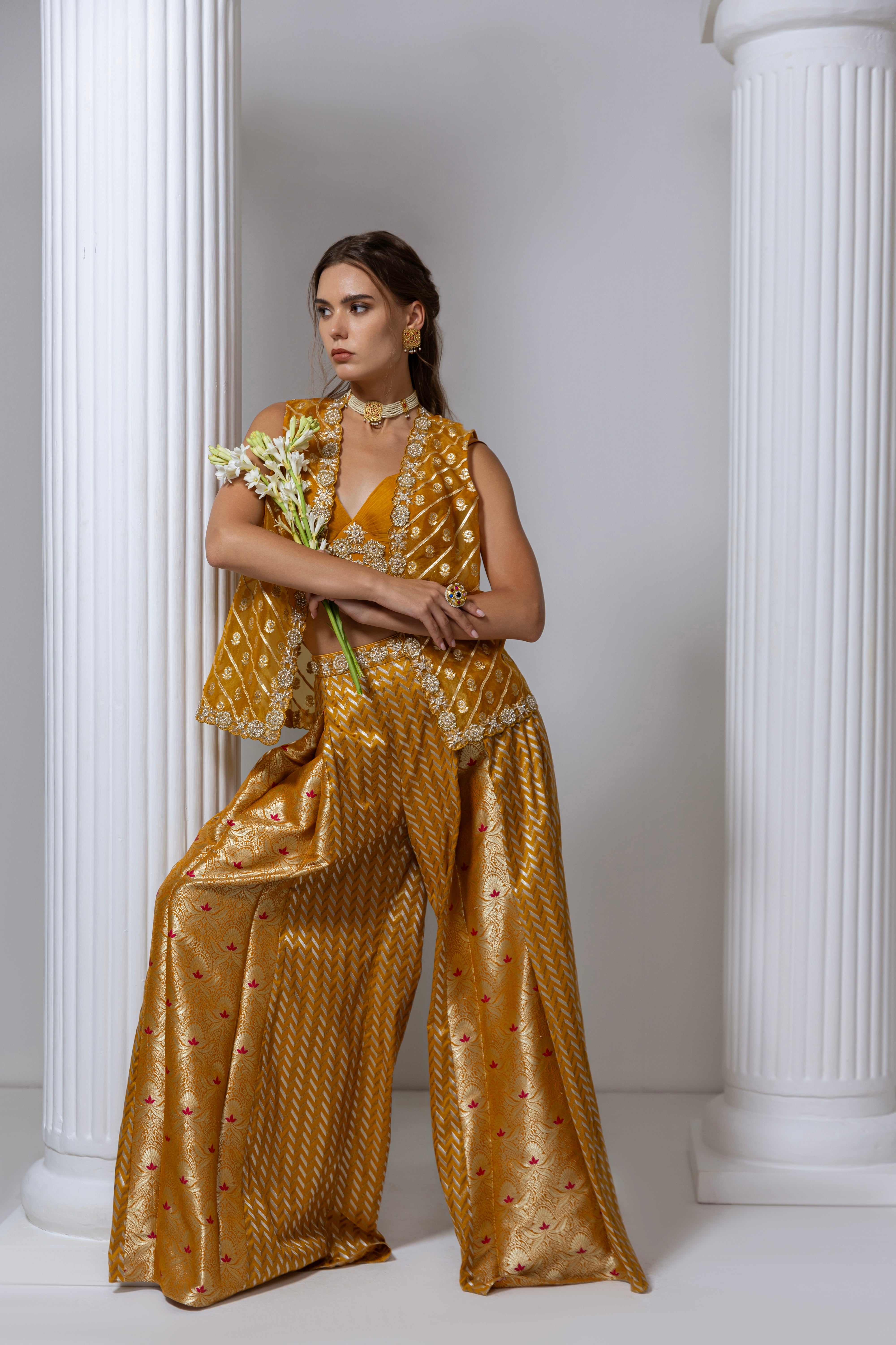 Mustard Booti Organza 
 Embroidered Sharara Set