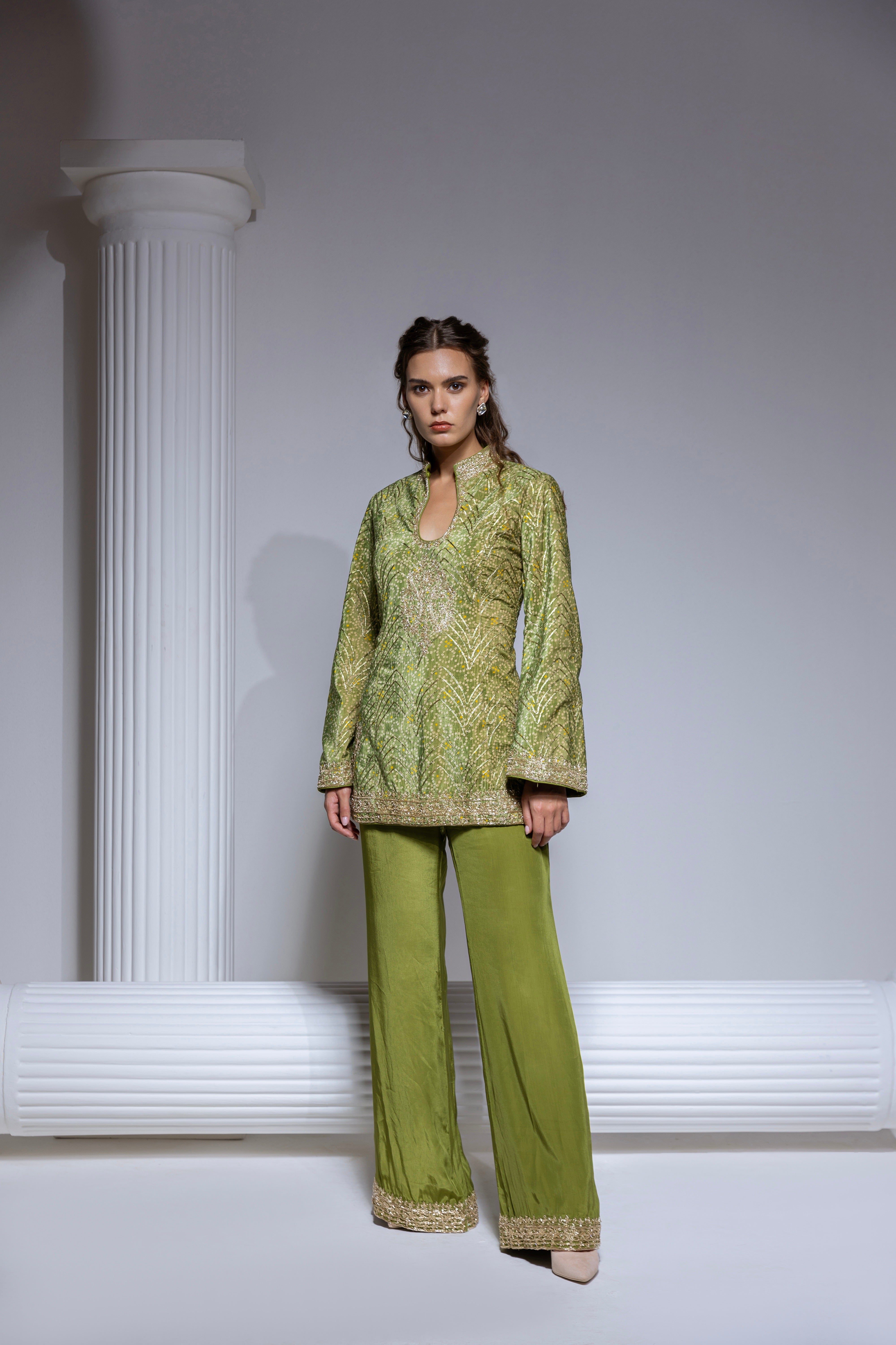 Green Printed Velvet Palazoo Pant Set