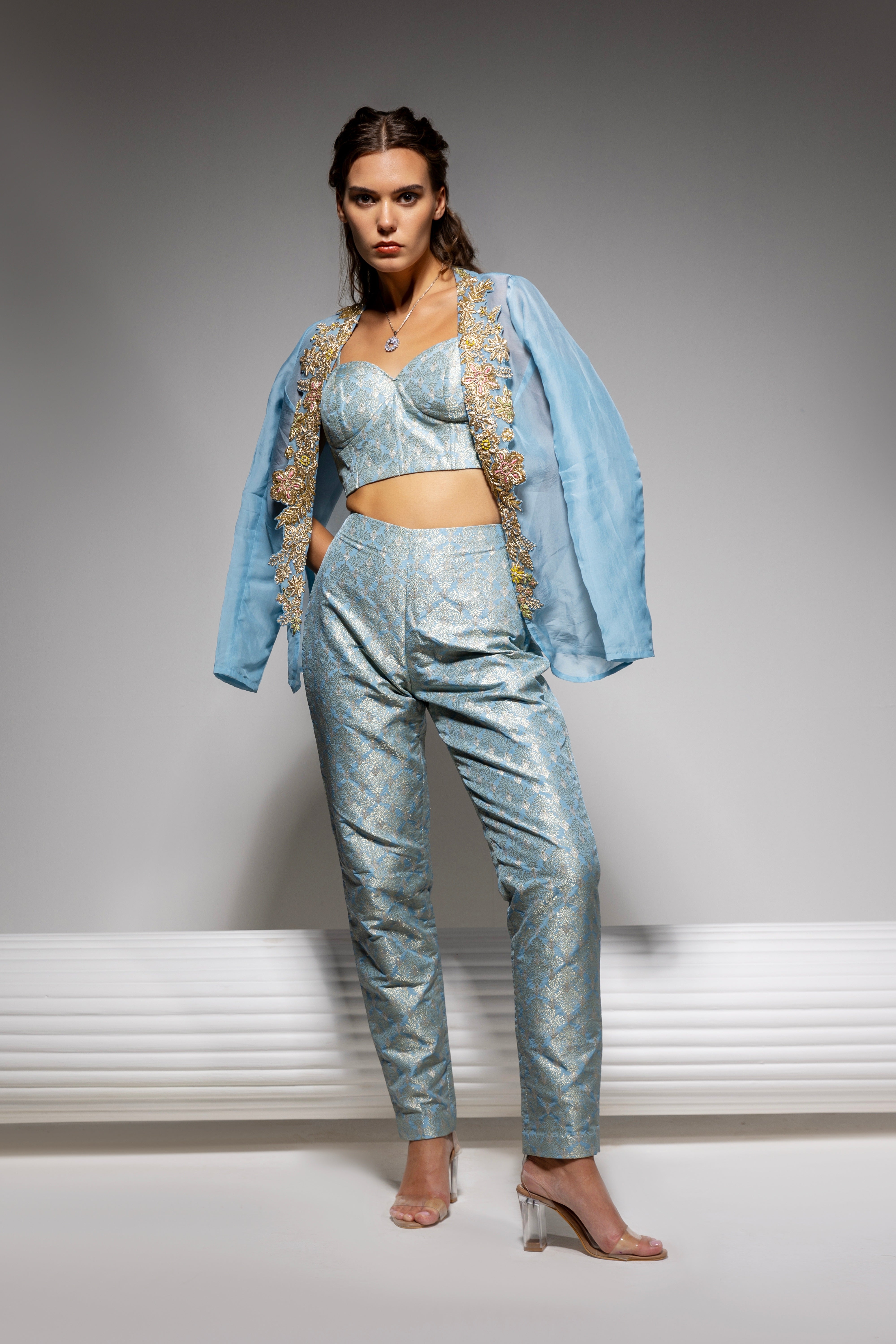 Powder Blue Embroidered Jacket Set