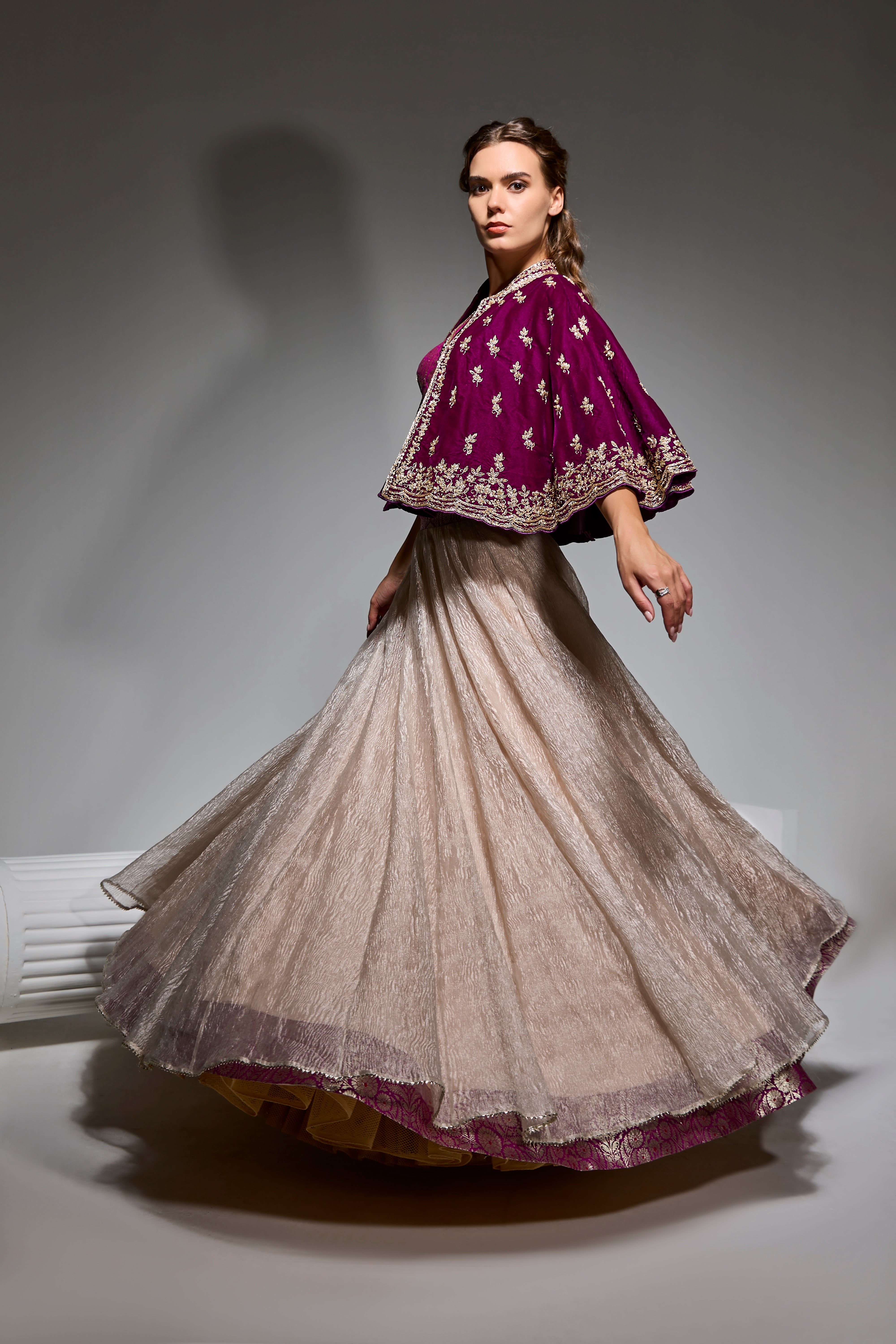 Purple Embroidered Cape &
  Tissue Lehenga Set