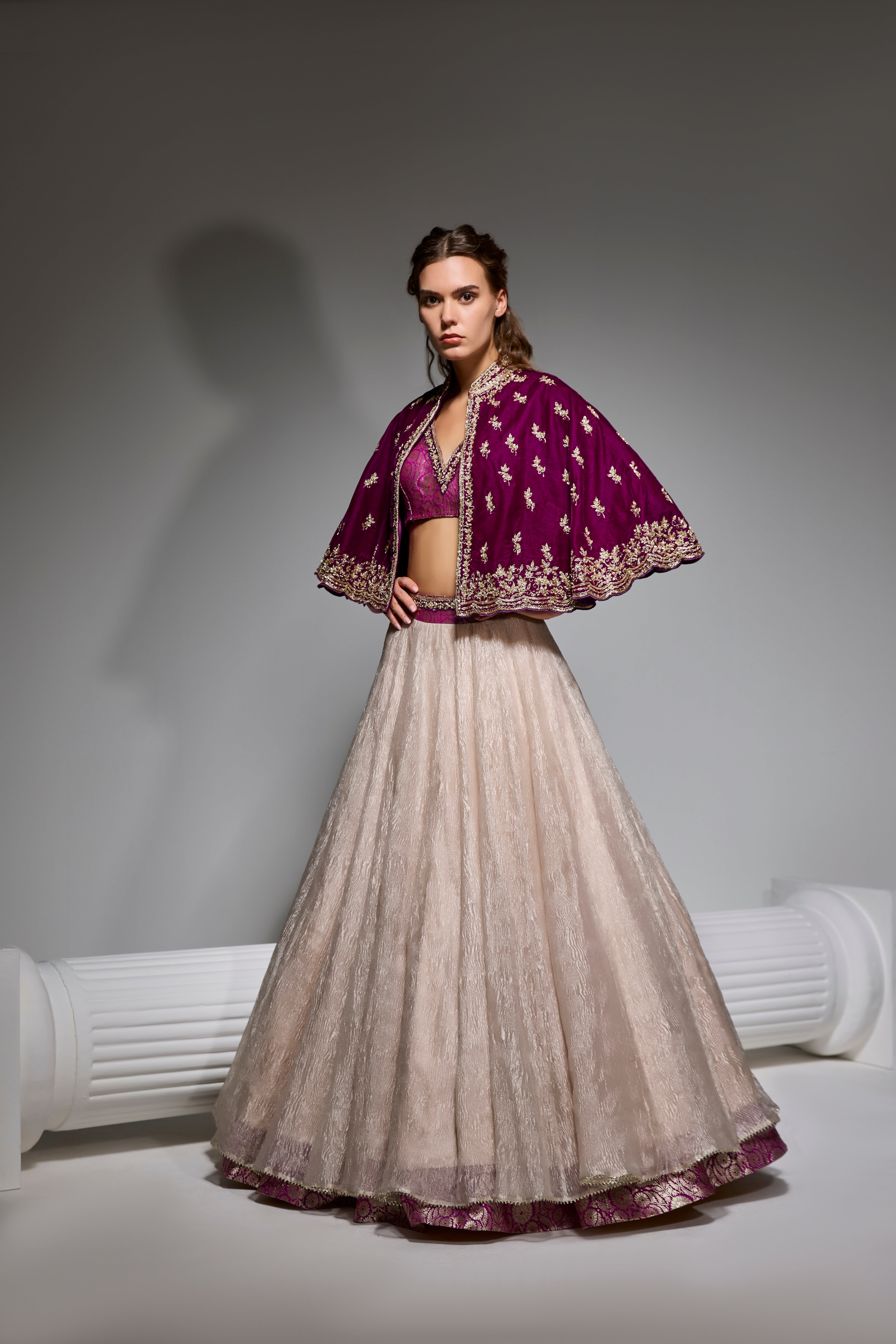 Purple Embroidered Cape &
  Tissue Lehenga Set