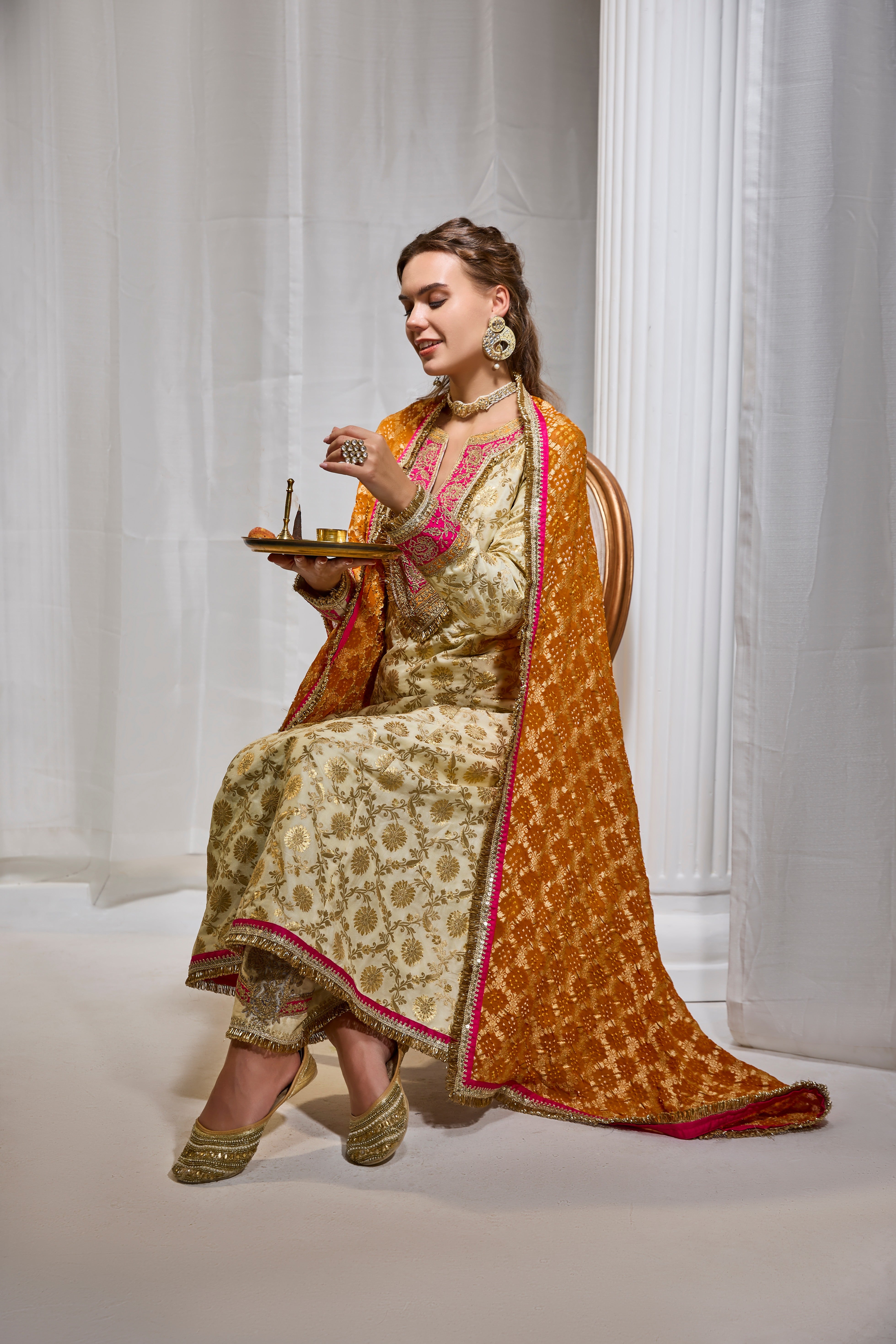 Ivory Banarsi Suit with Bandhani dupatta