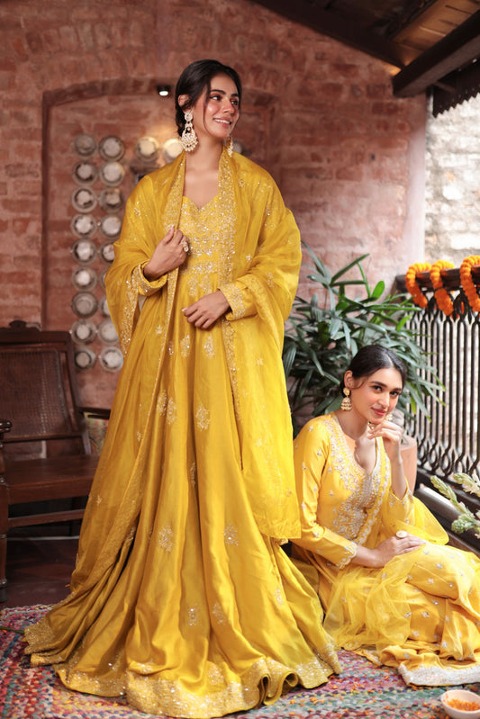 Mustard Embroiderd Angrakha Gown