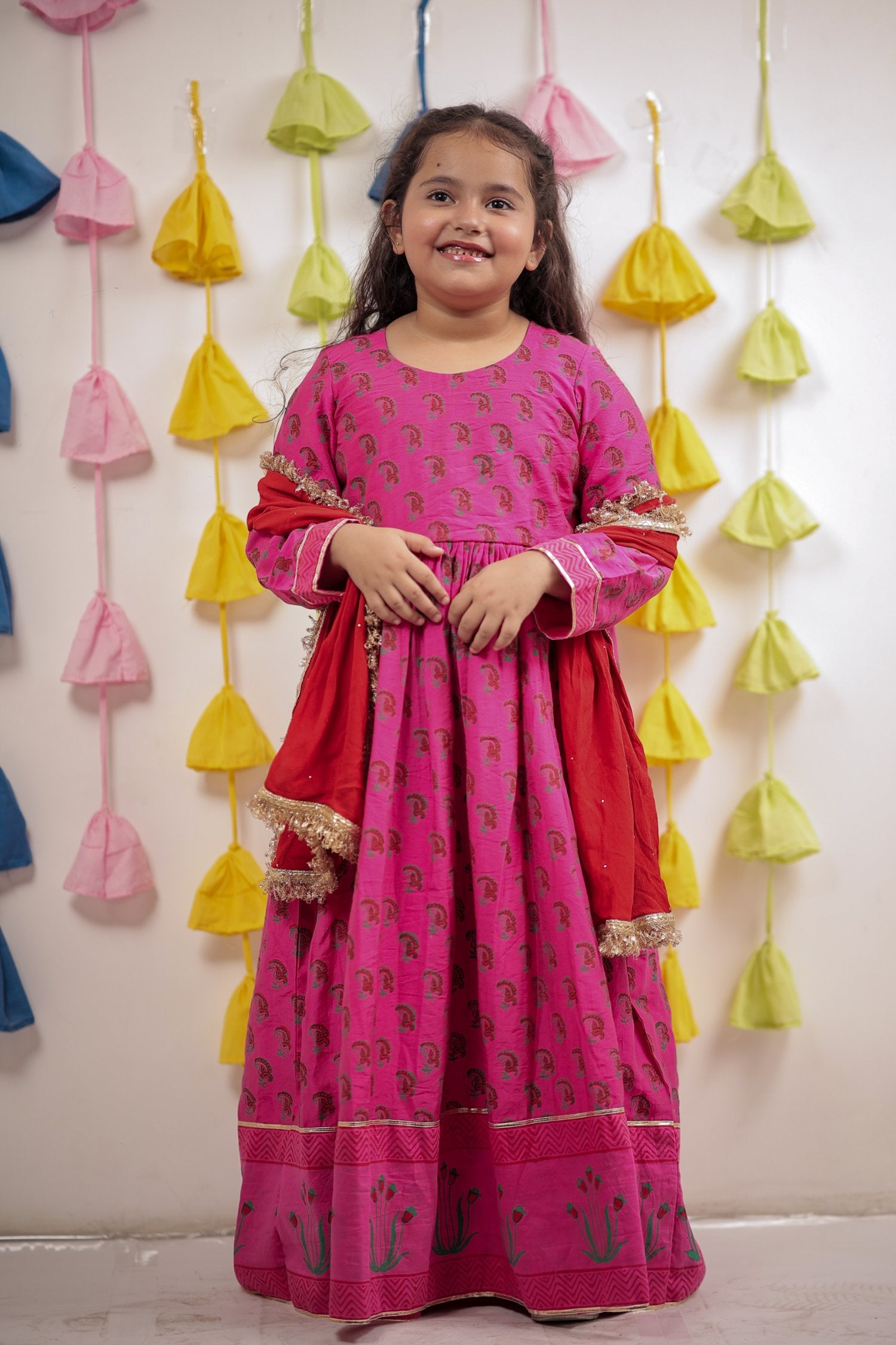 Pink Block Printed Anarkali With Dupatta