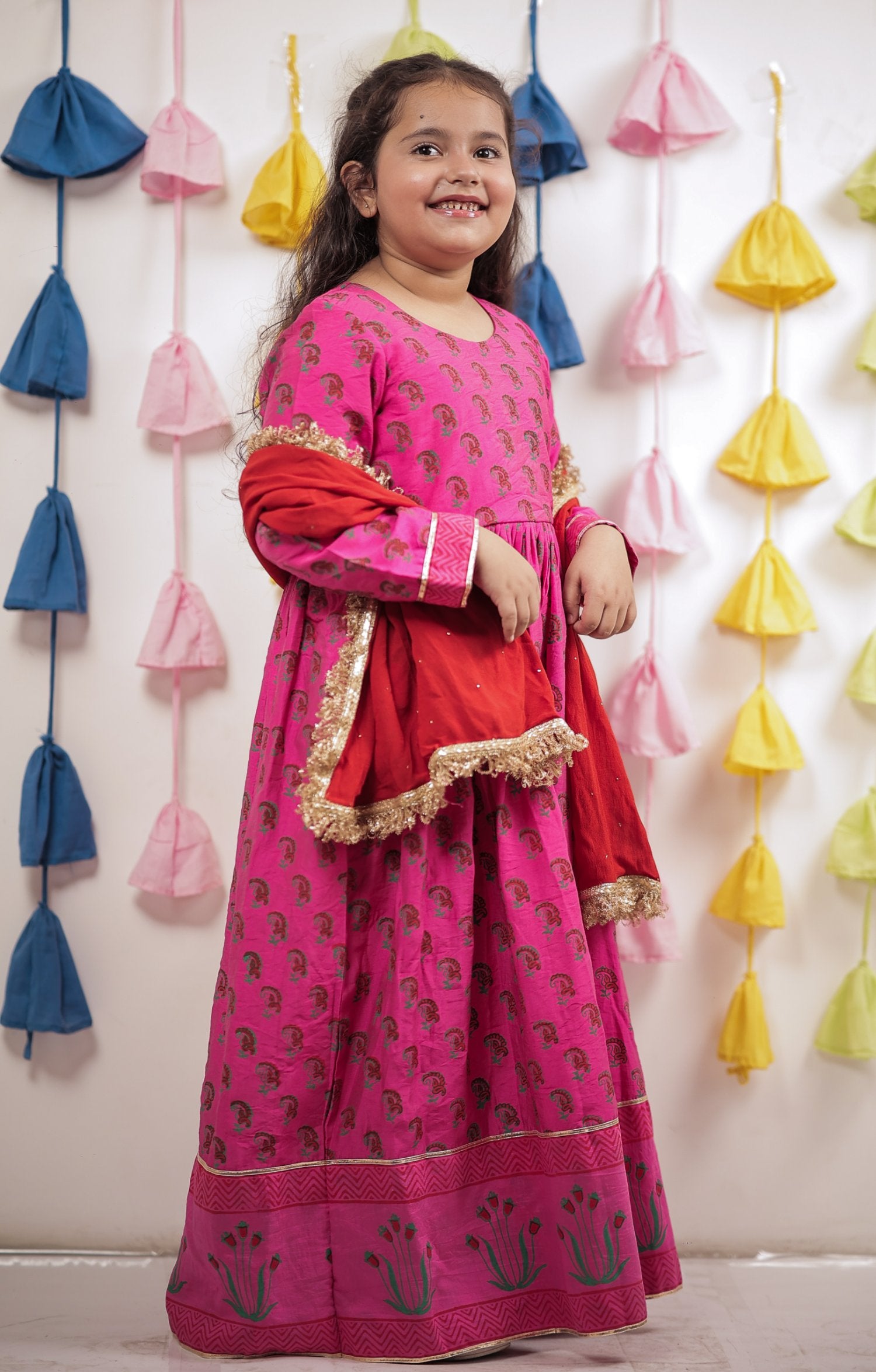 Pink Block Printed Anarkali With Dupatta