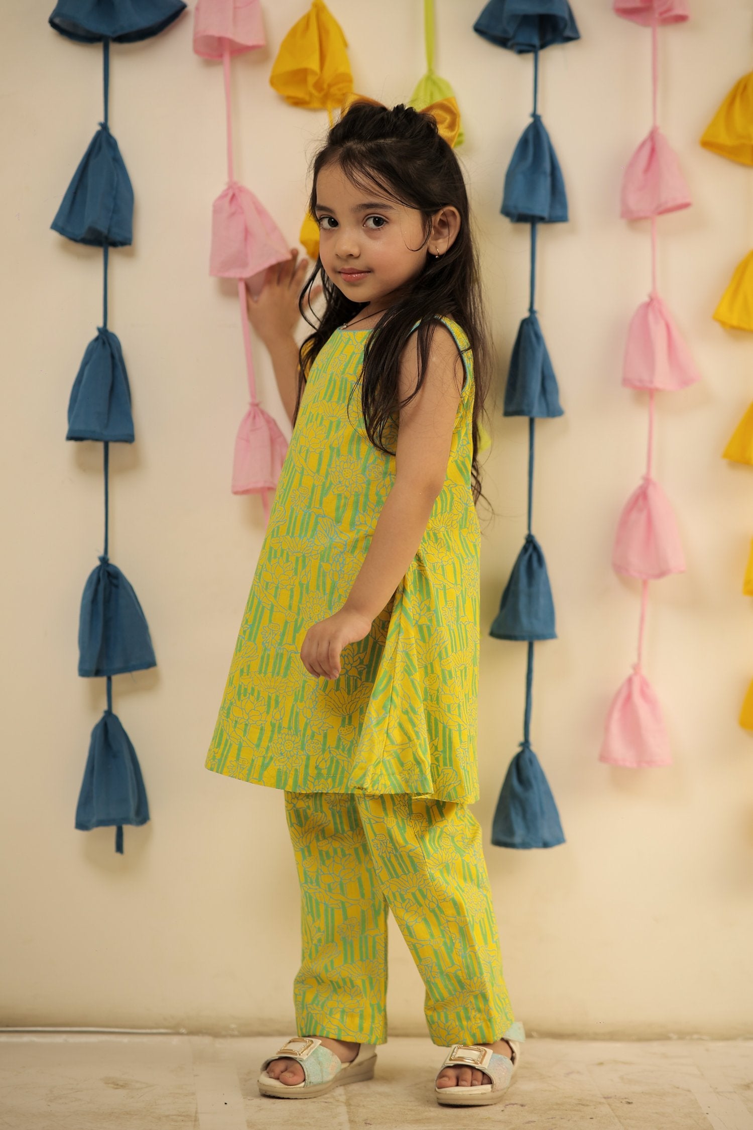 Lemon Yellow Block Printed Kurta Set With Pants