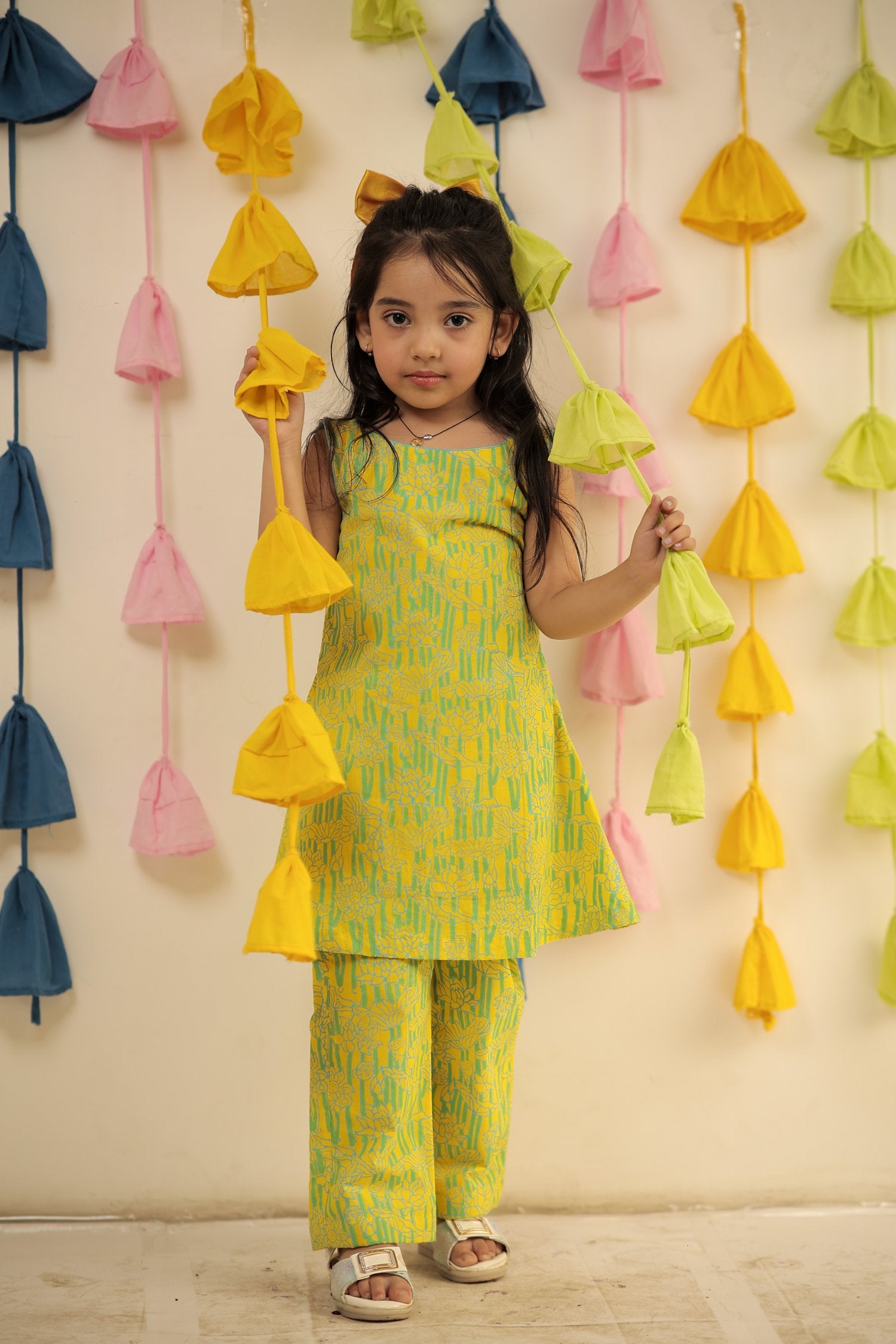 Lemon Yellow Block Printed Kurta Set With Pants