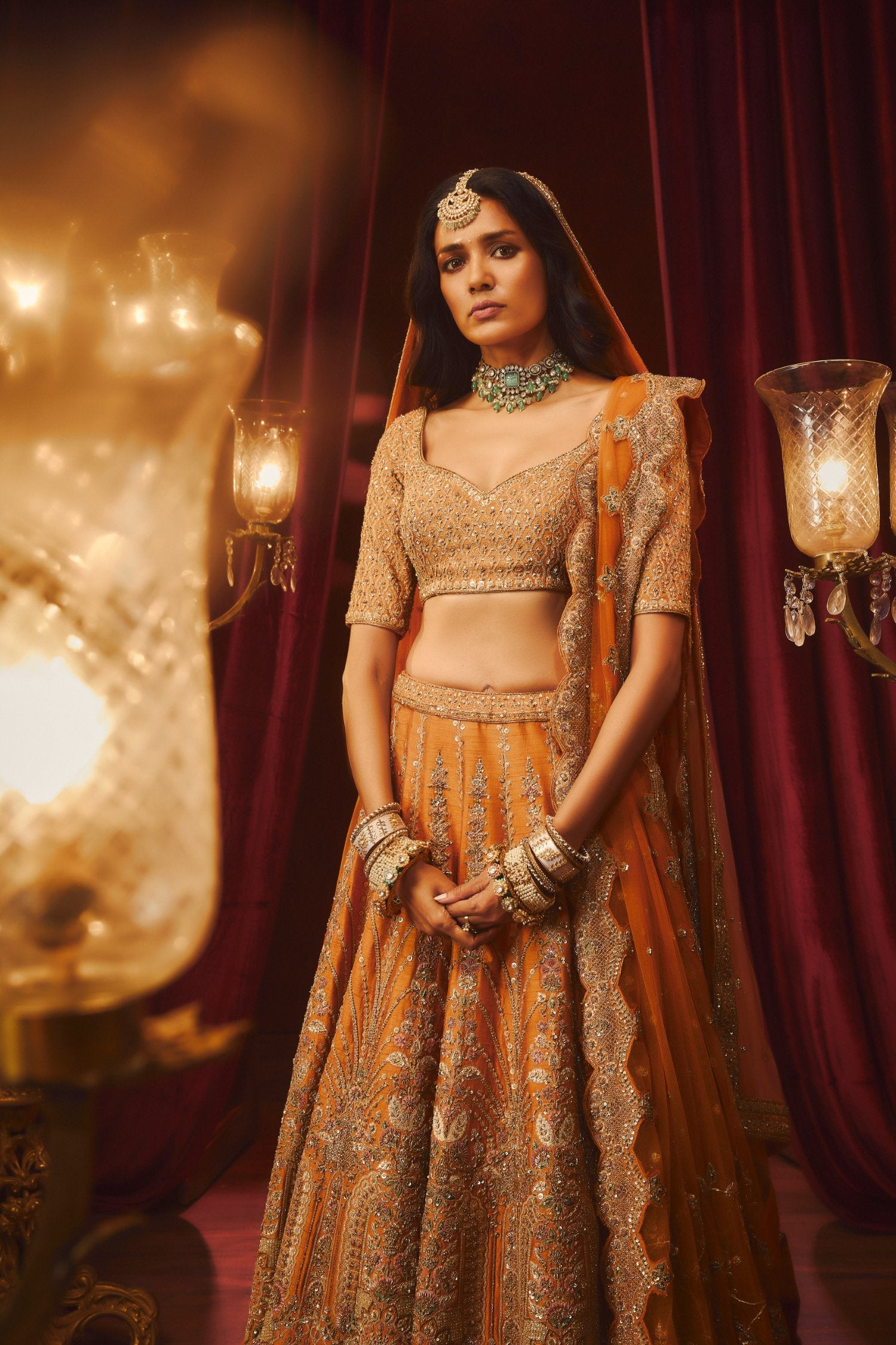 Rust Raw Silk Hand & Machine Embroidered Lehenga Set