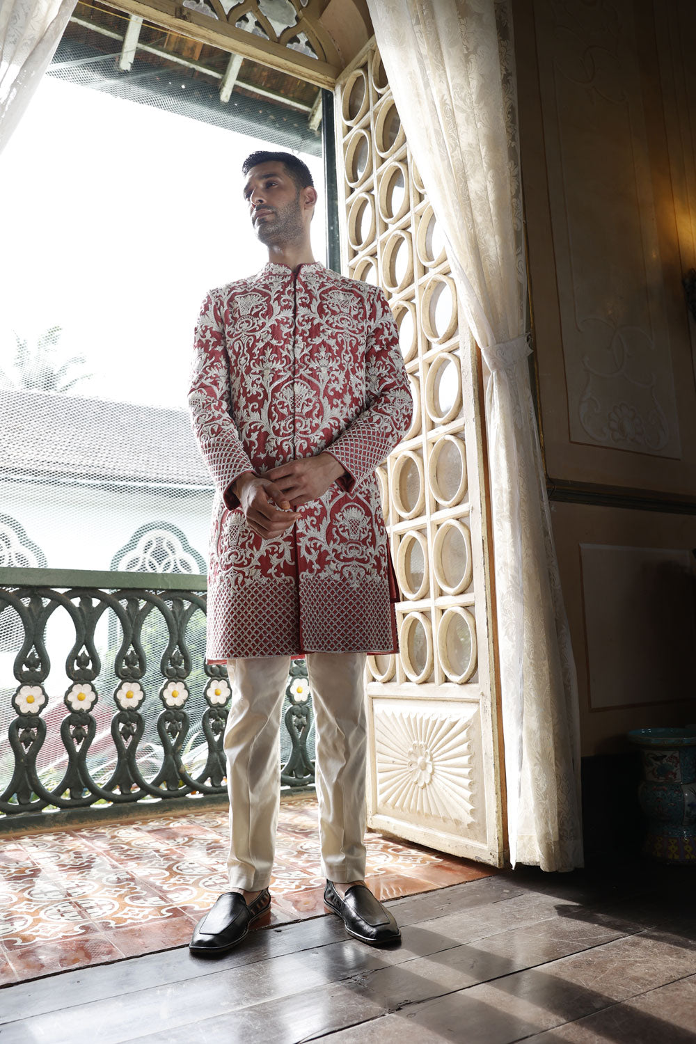 Peach Sherwani, Peach Kurta and Ivory Pants