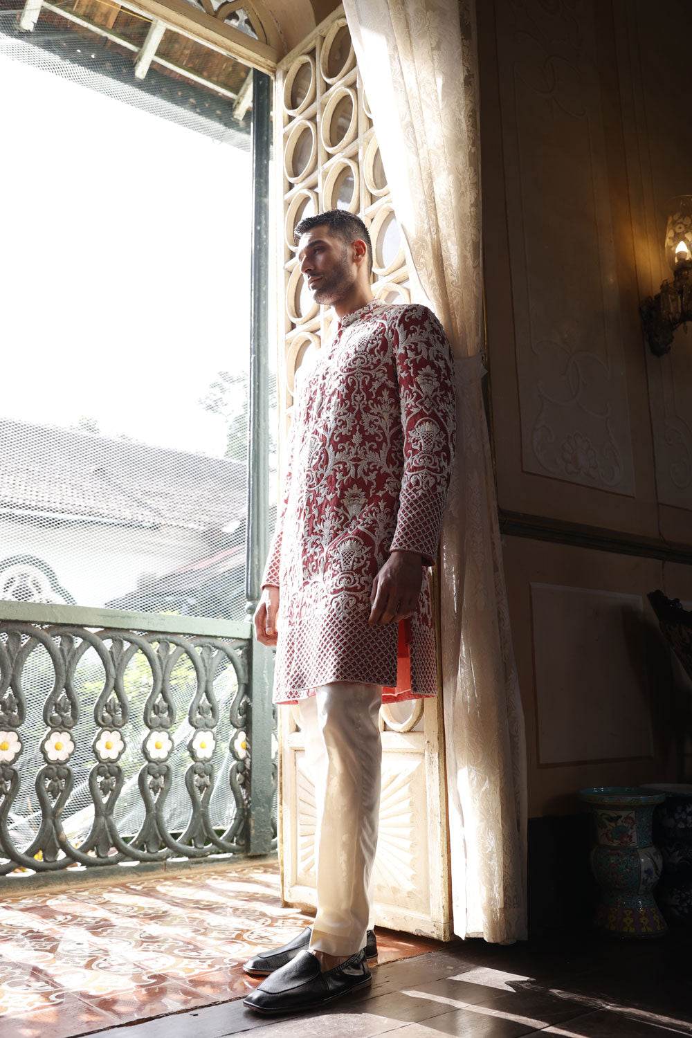 Peach Sherwani, Peach Kurta and Ivory Pants