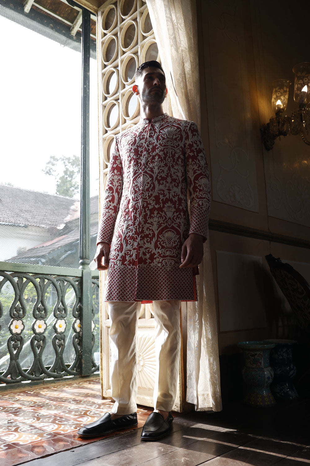 Peach Sherwani, Peach Kurta and Ivory Pants