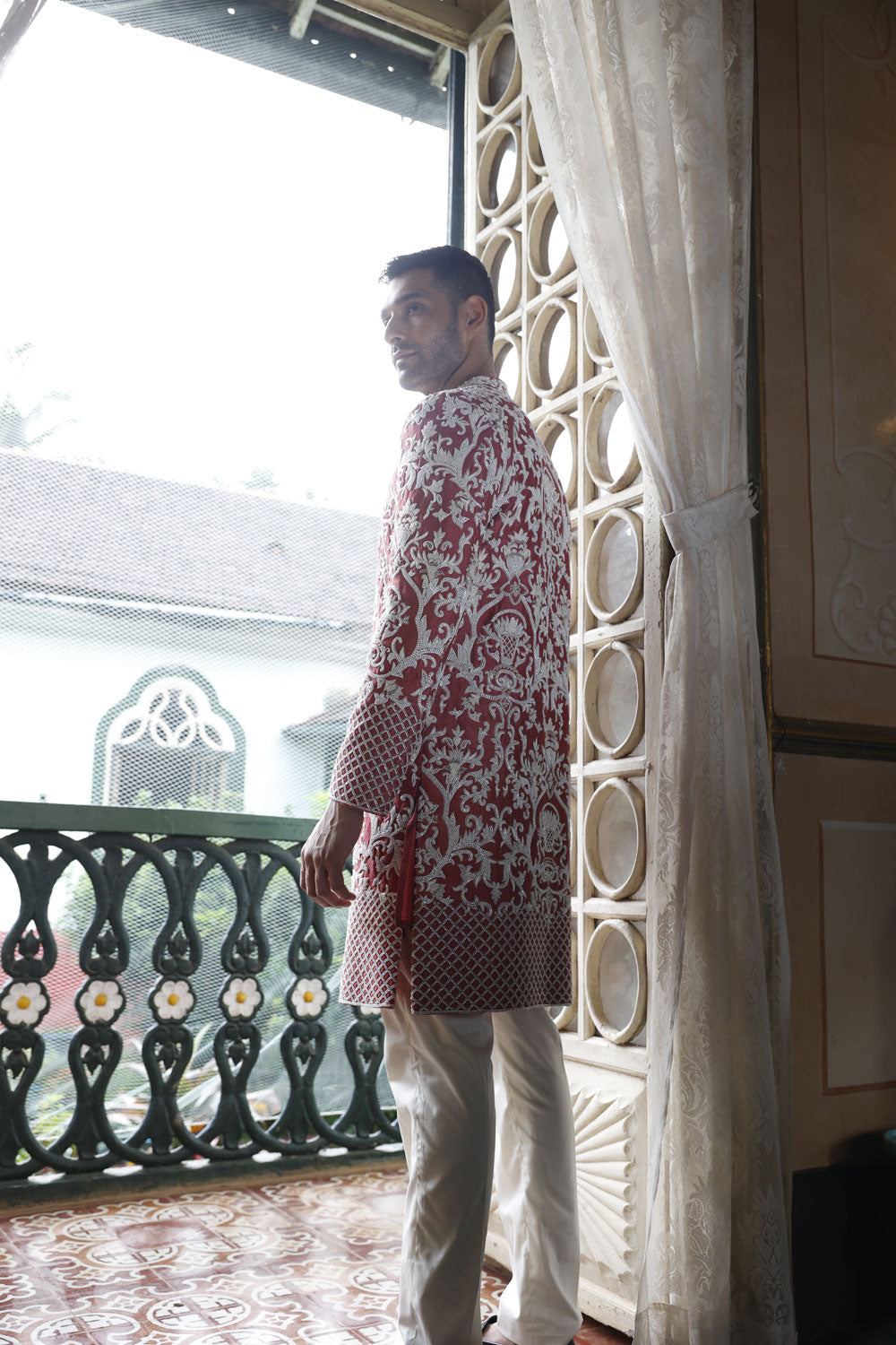 Peach Sherwani, Peach Kurta and Ivory Pants