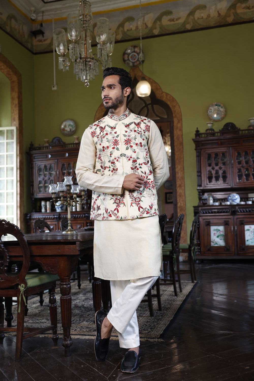 Ivory Abstract Floral Bundi with Kurta and Pant