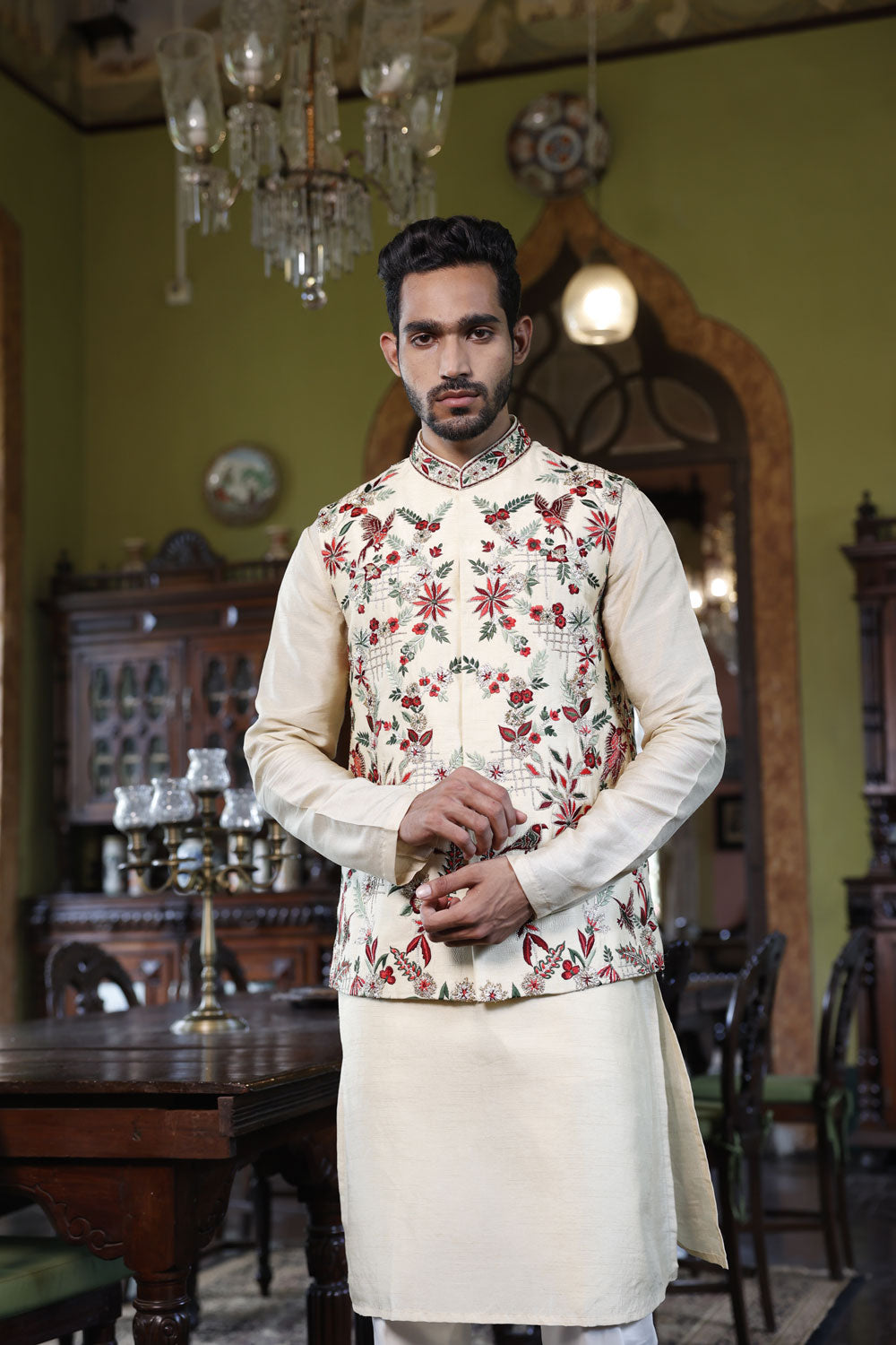 Ivory Abstract Floral Bundi with Kurta and Pant