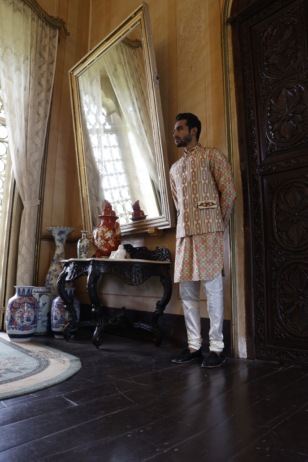 Ivory Embroidered Bundi, Kurta and Churidar