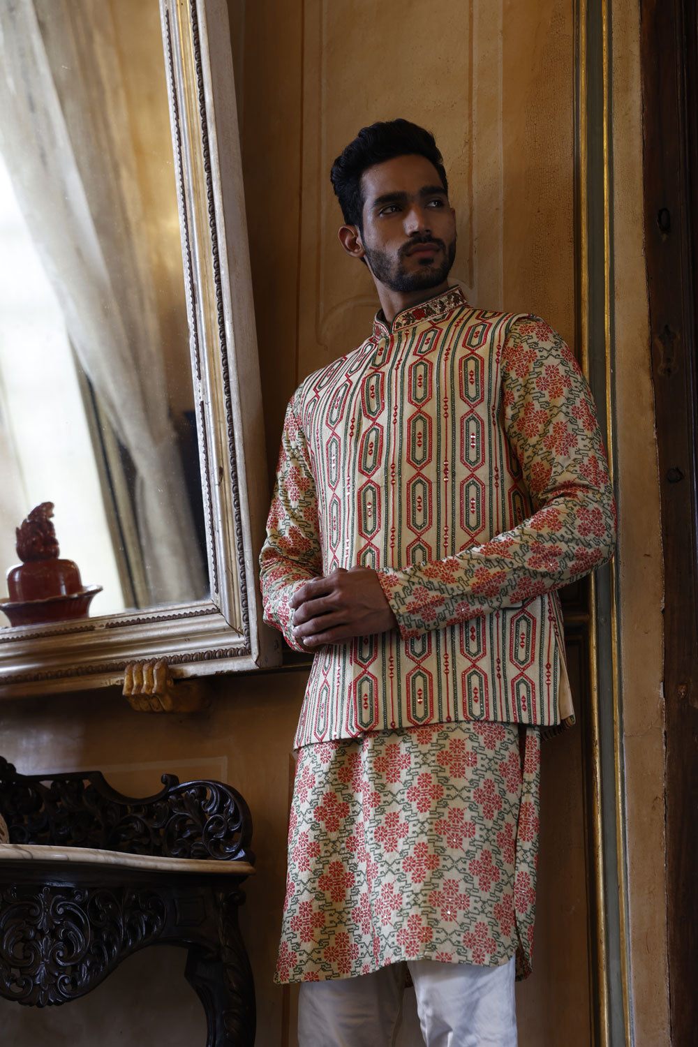 Ivory Embroidered Bundi, Kurta and Churidar