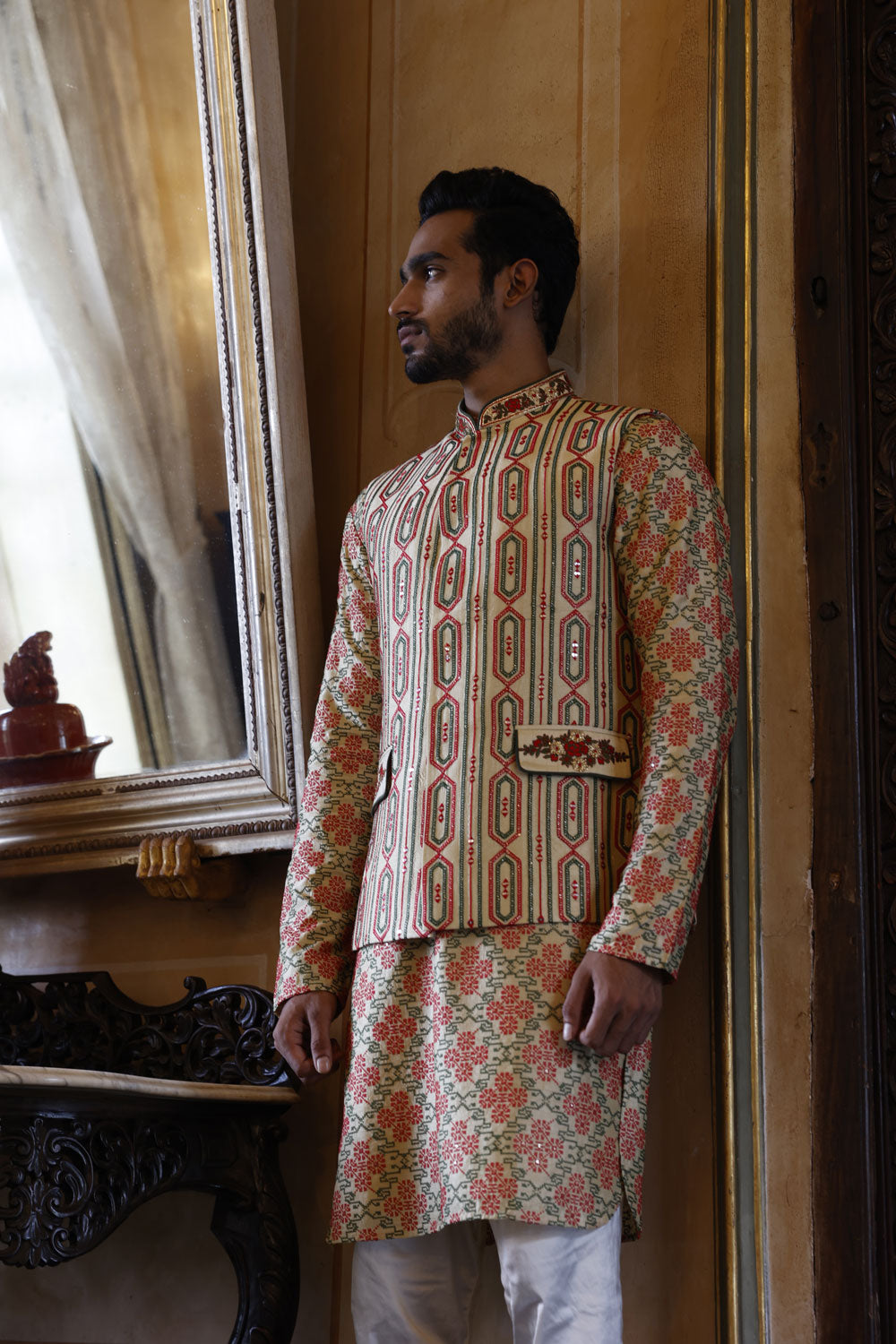 Ivory Embroidered Bundi, Kurta and Churidar