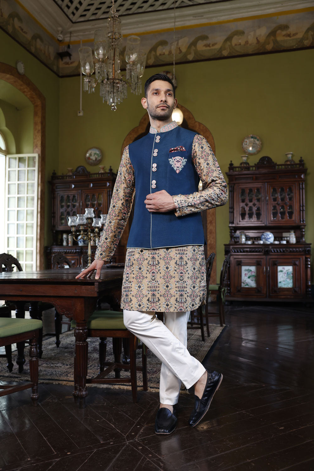 Navy Blue Bundi, Beige Jaal Kurta and Ivory Pants