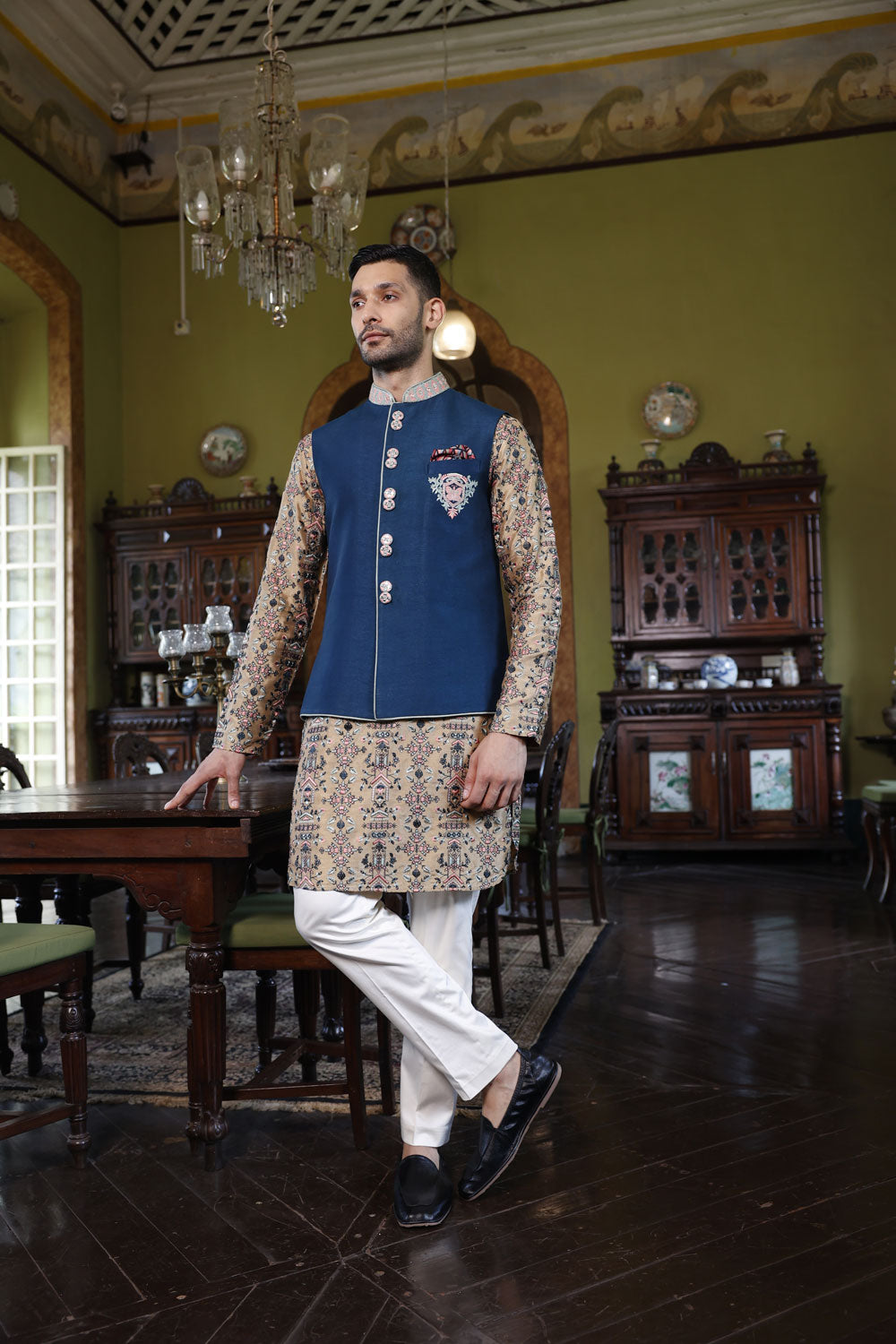 Navy Blue Bundi, Beige Jaal Kurta and Ivory Pants