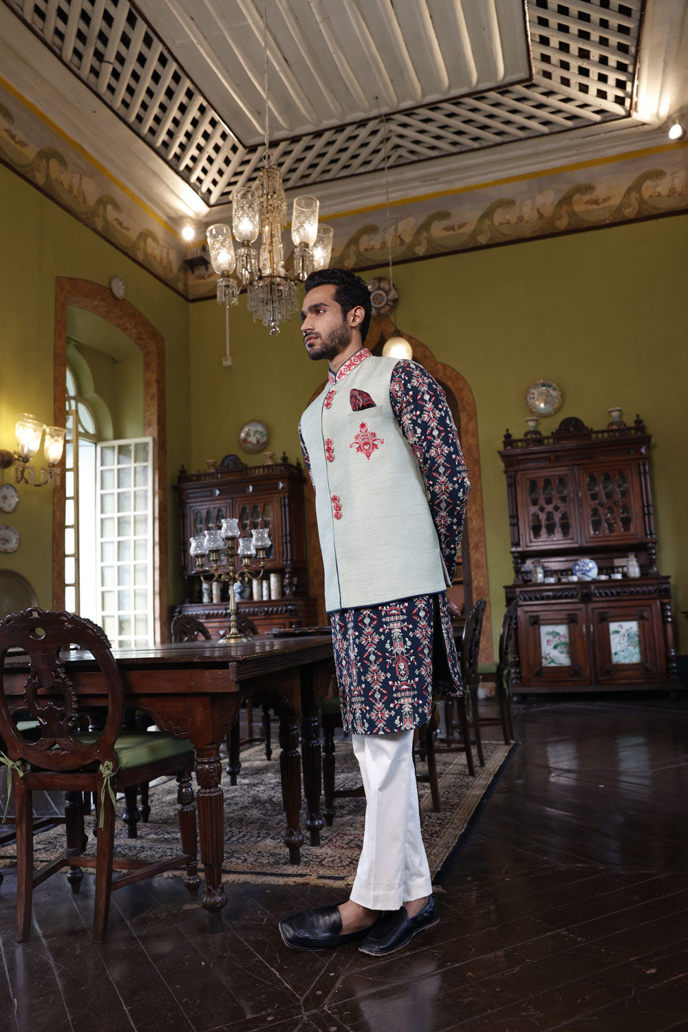 Navy Blue Kurta with Sage Embroidered Bandi and Pant