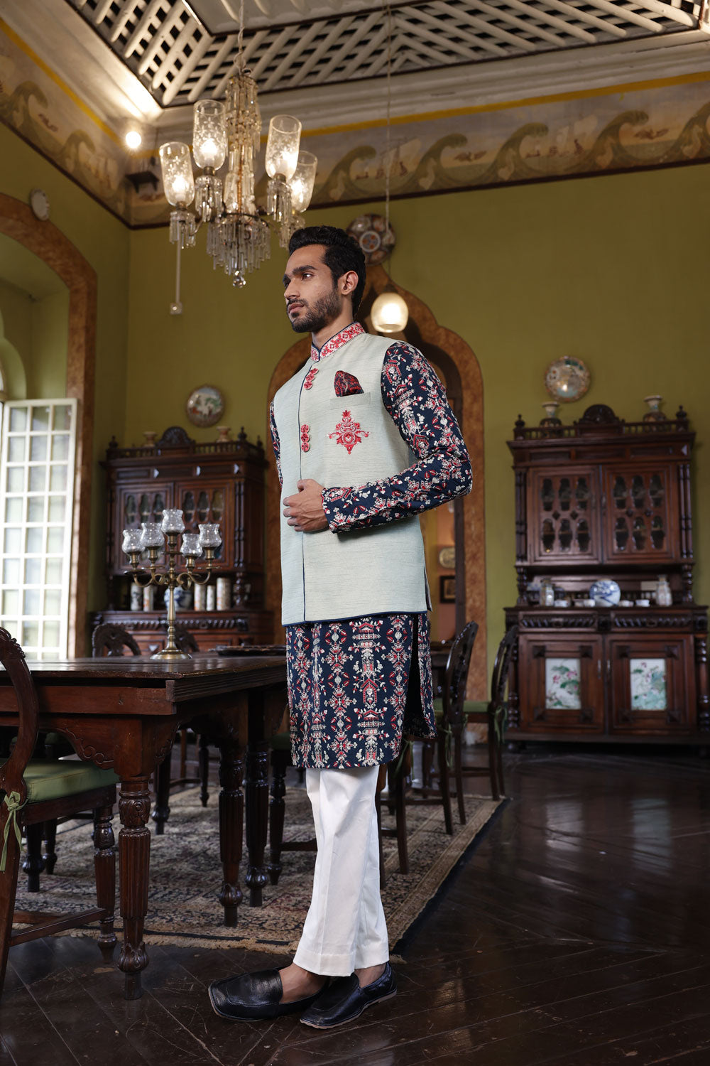 Navy Blue Kurta with Sage Embroidered Bandi and Pant