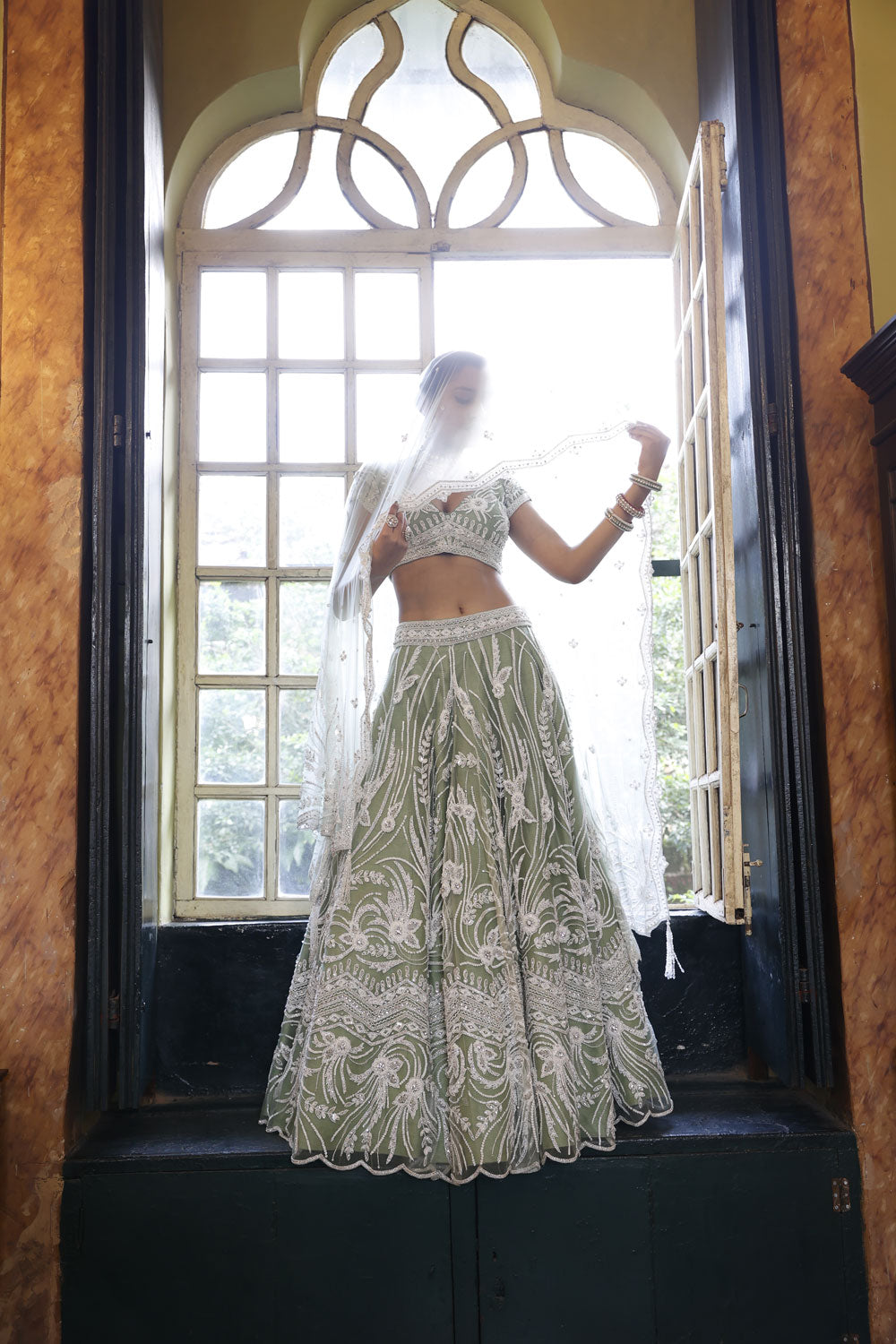 Sage Lehenga, Choli and Dupatta