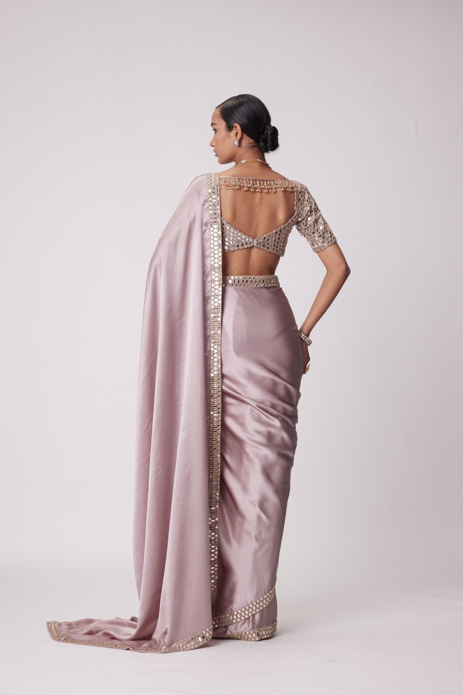 Ash Pink Satin Saree Set