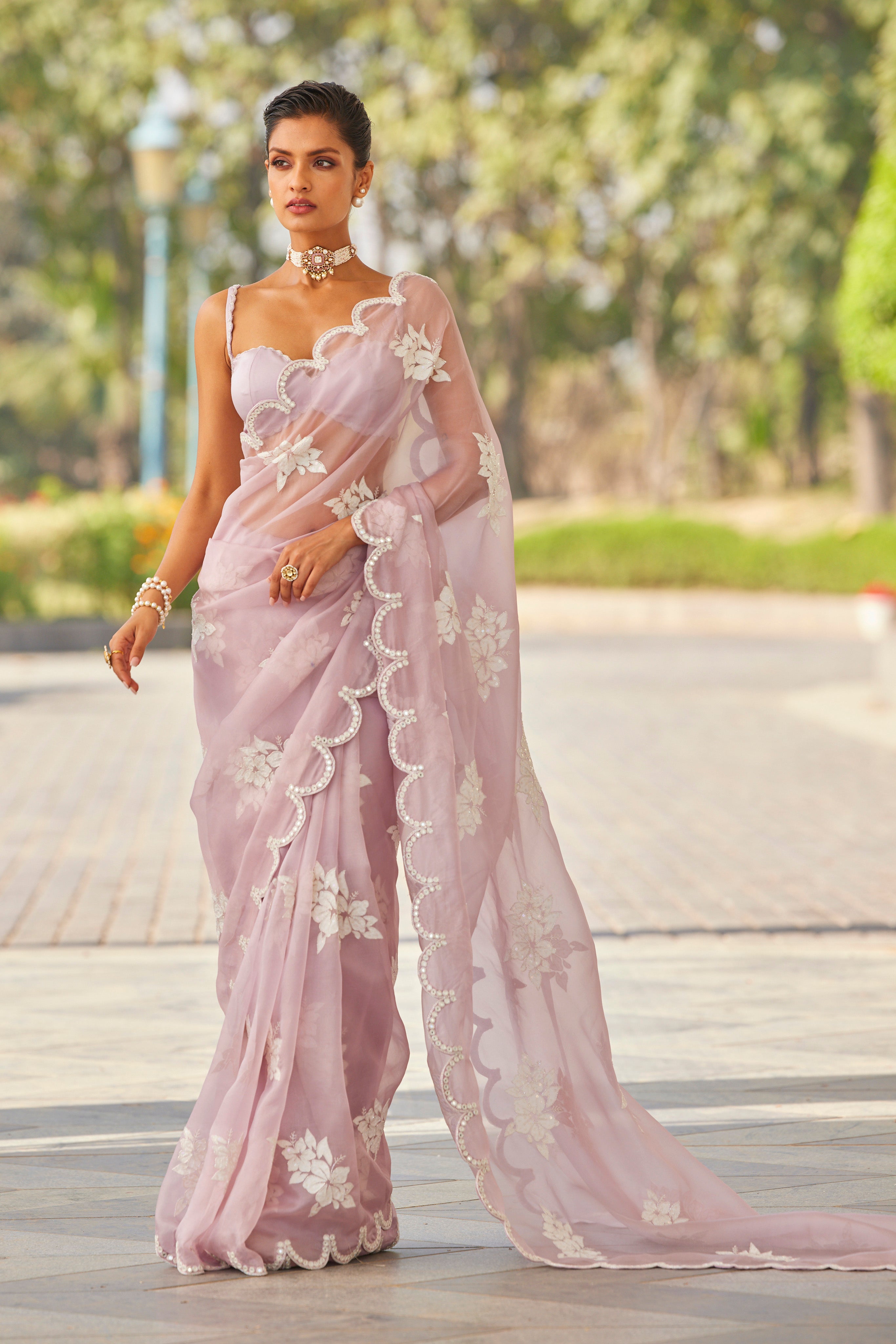 Powder Lilac Flower Saree Set