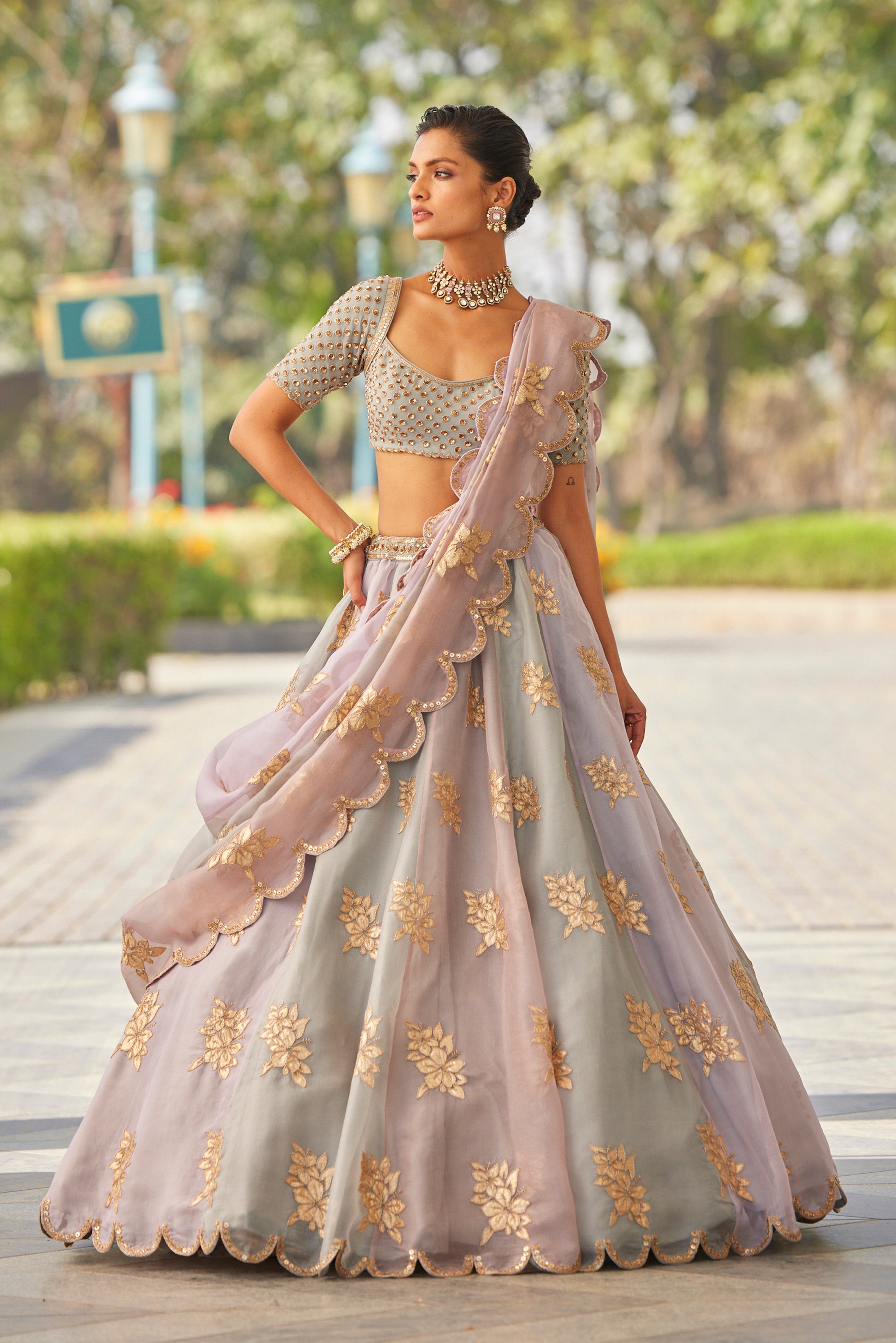 Powder Grey Flower Lehenga Set