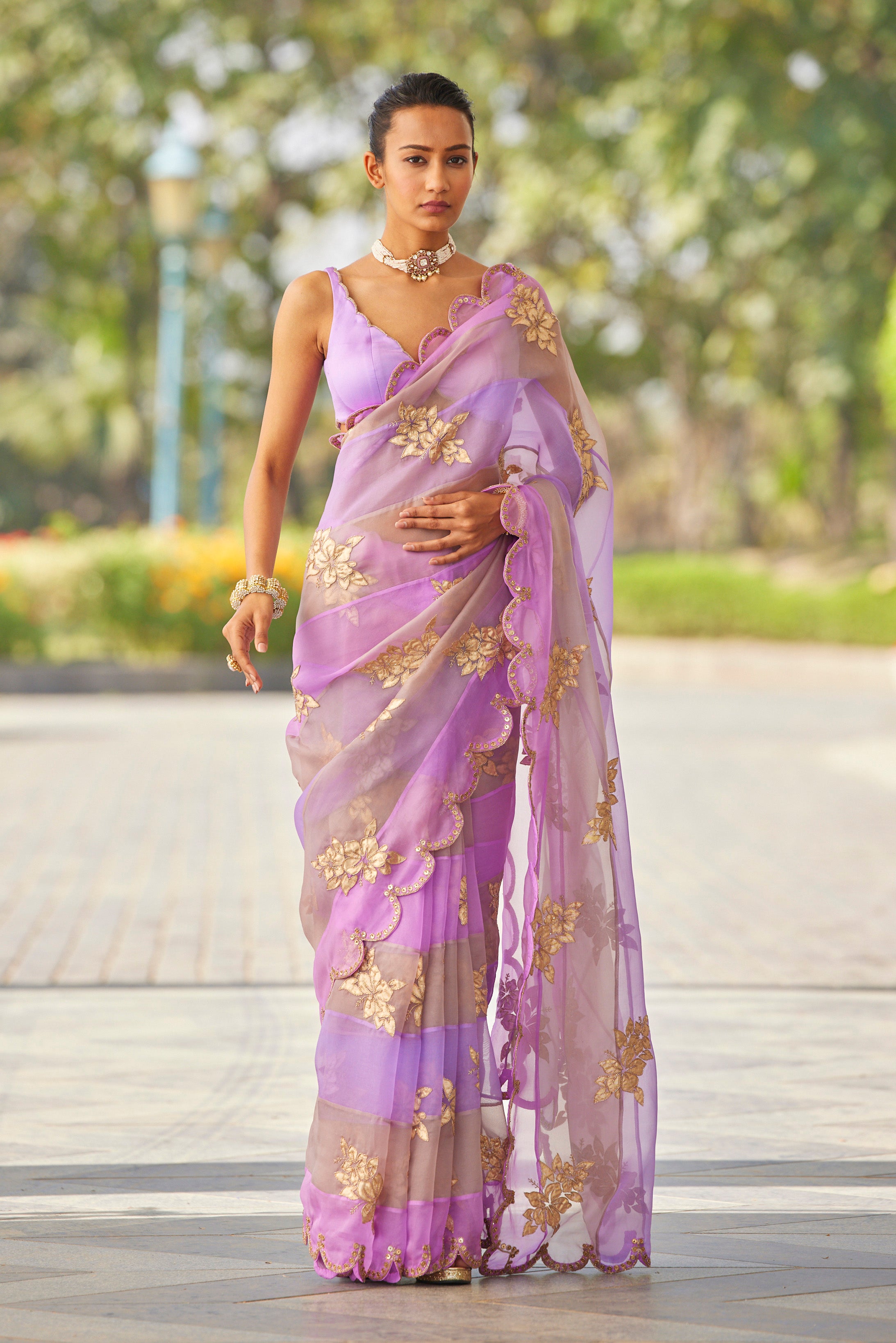 Mauve Multicolor Flower Saree Set