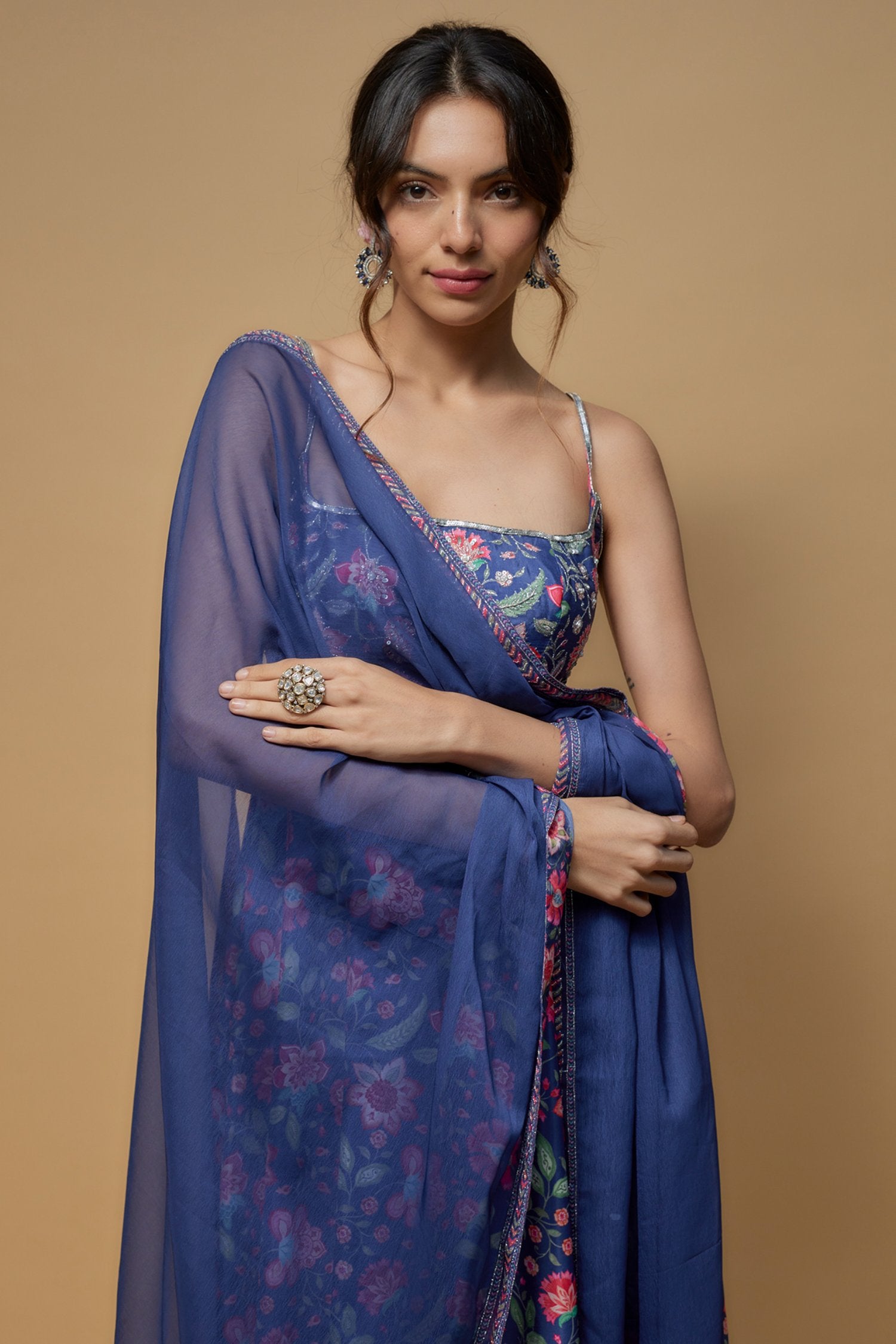 Blue French Crepe Printed & Embroidered Anarkali Set