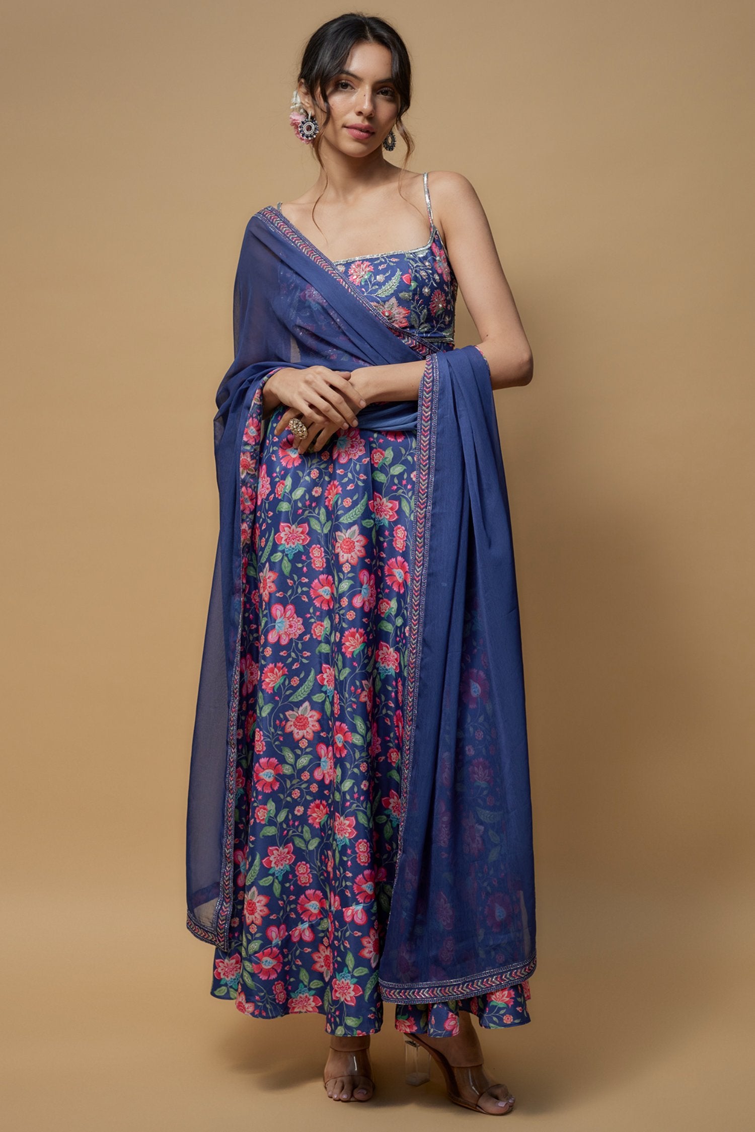 Blue French Crepe Printed & Embroidered Anarkali Set