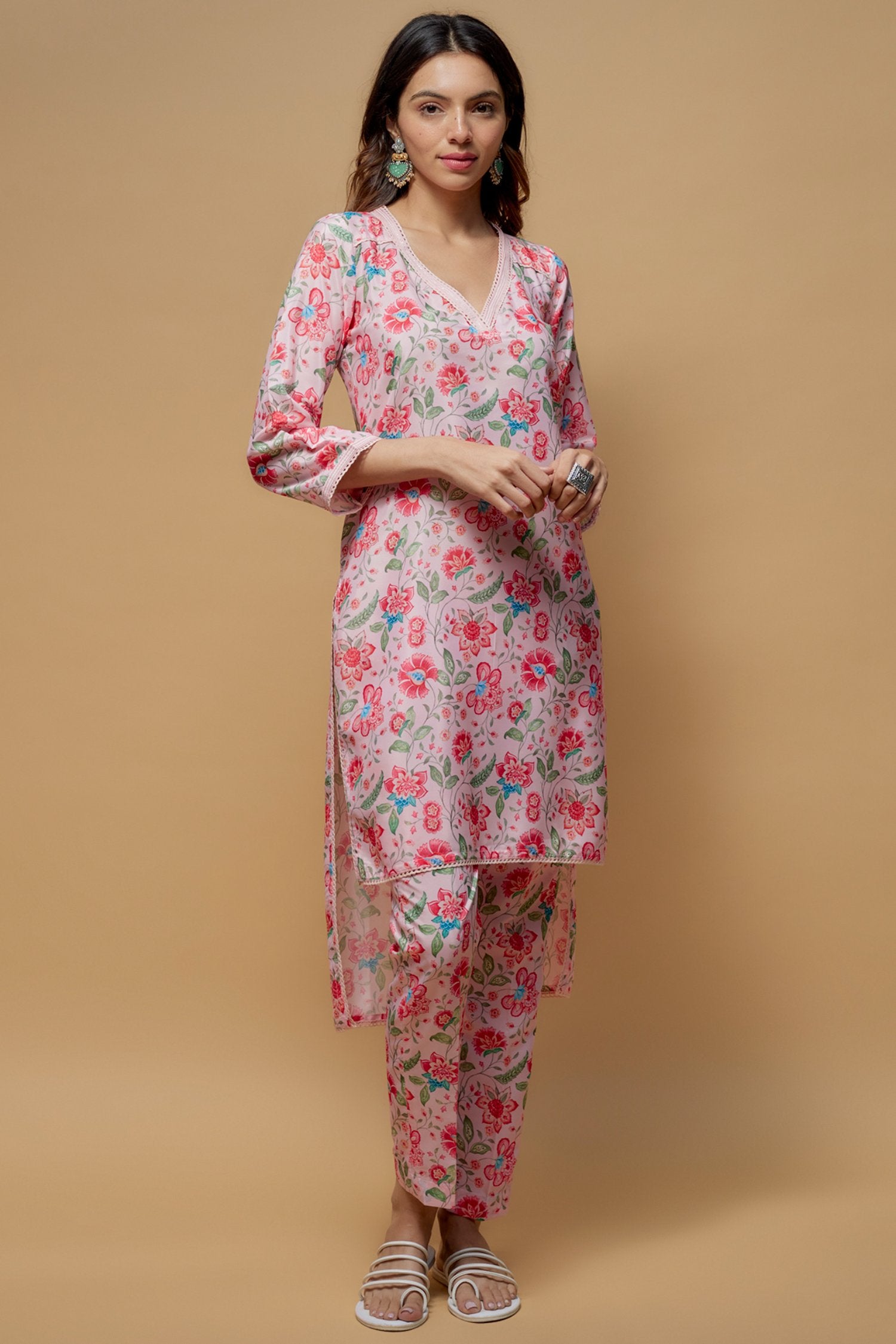 Baby Pink French Crepe Printed Kurta Set