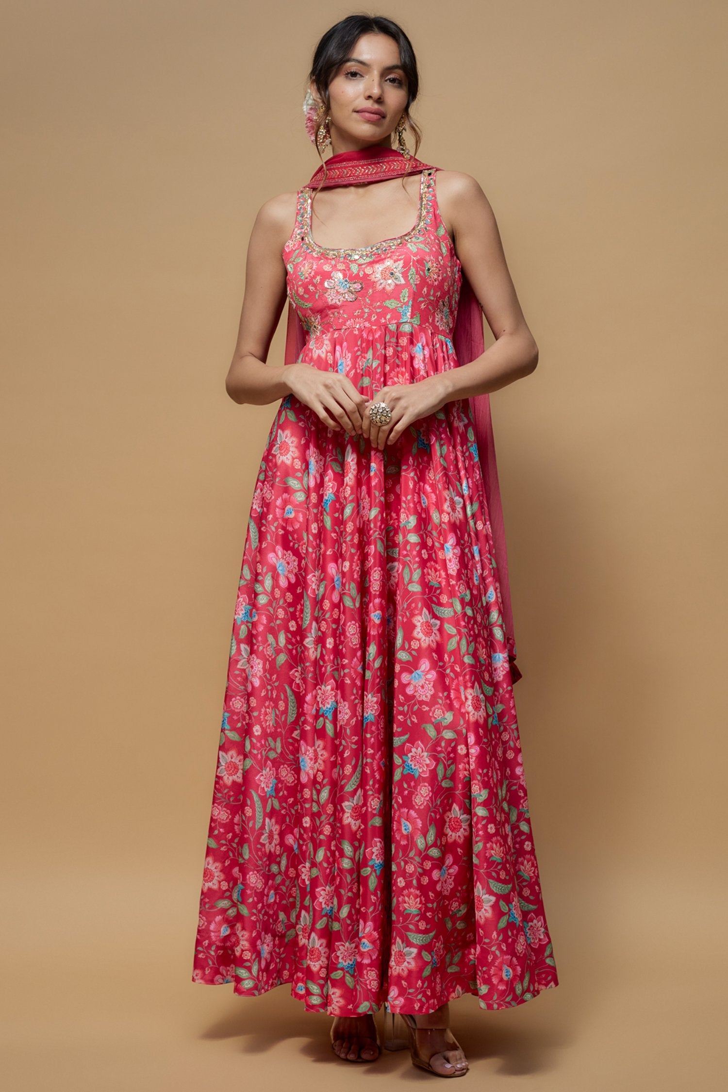 Pink French Crepe Printed Anarkali Set