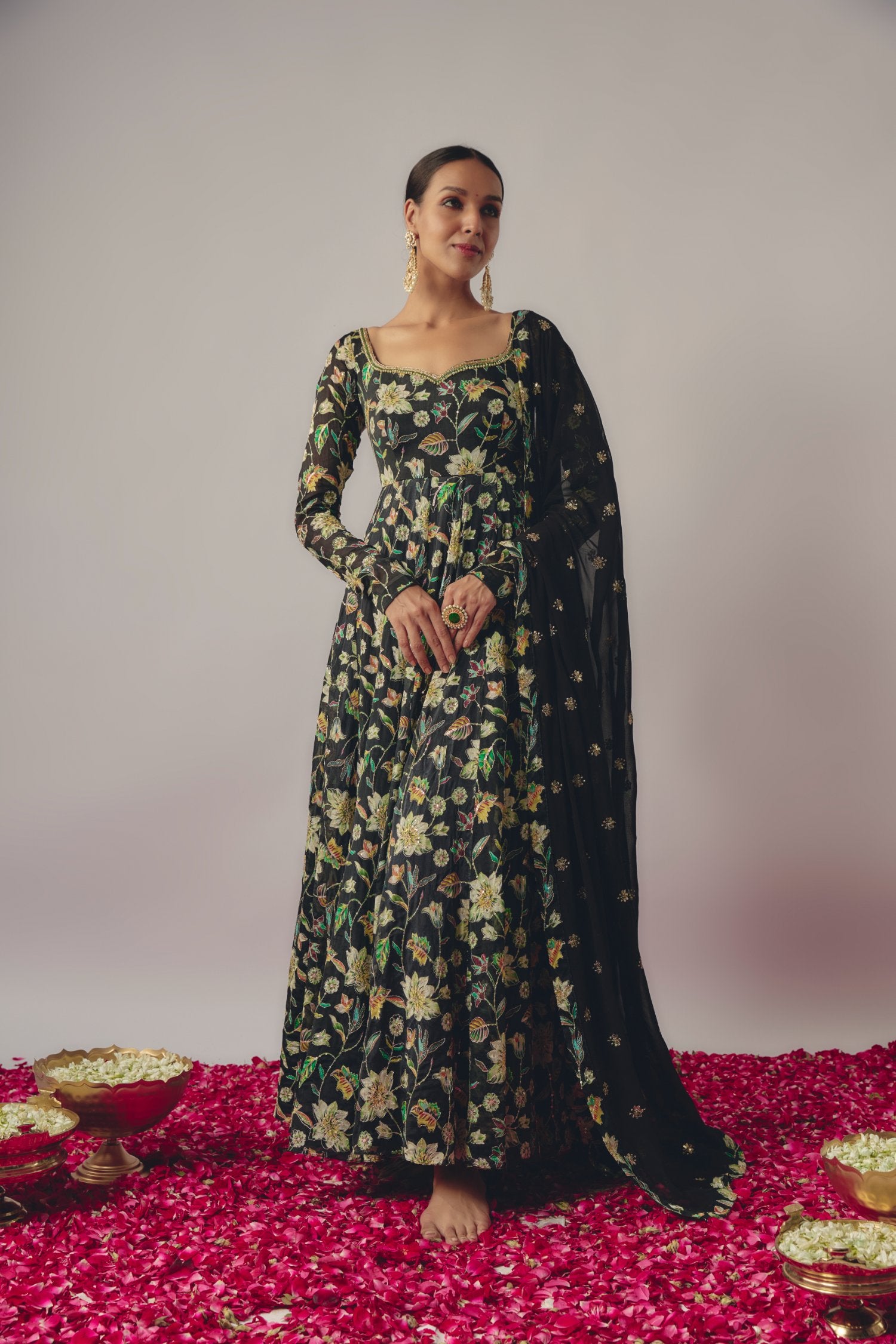 Black Floral Embroidered Anarkali Set