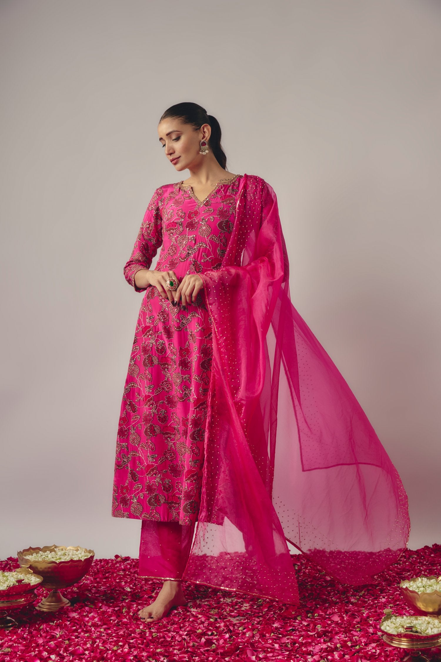 Fuchsia Pink Floral Embroidered Kurta Set