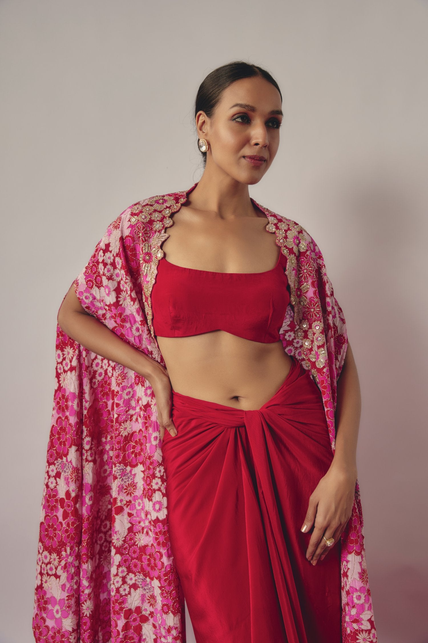 Red And Pink Embroidered Skirt Cape Set