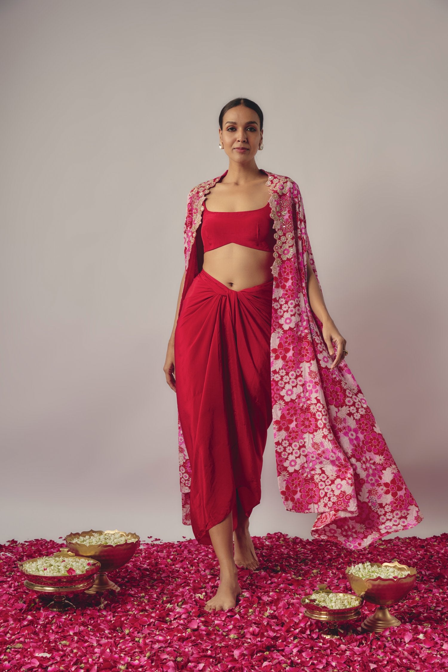 Red And Pink Embroidered Skirt Cape Set